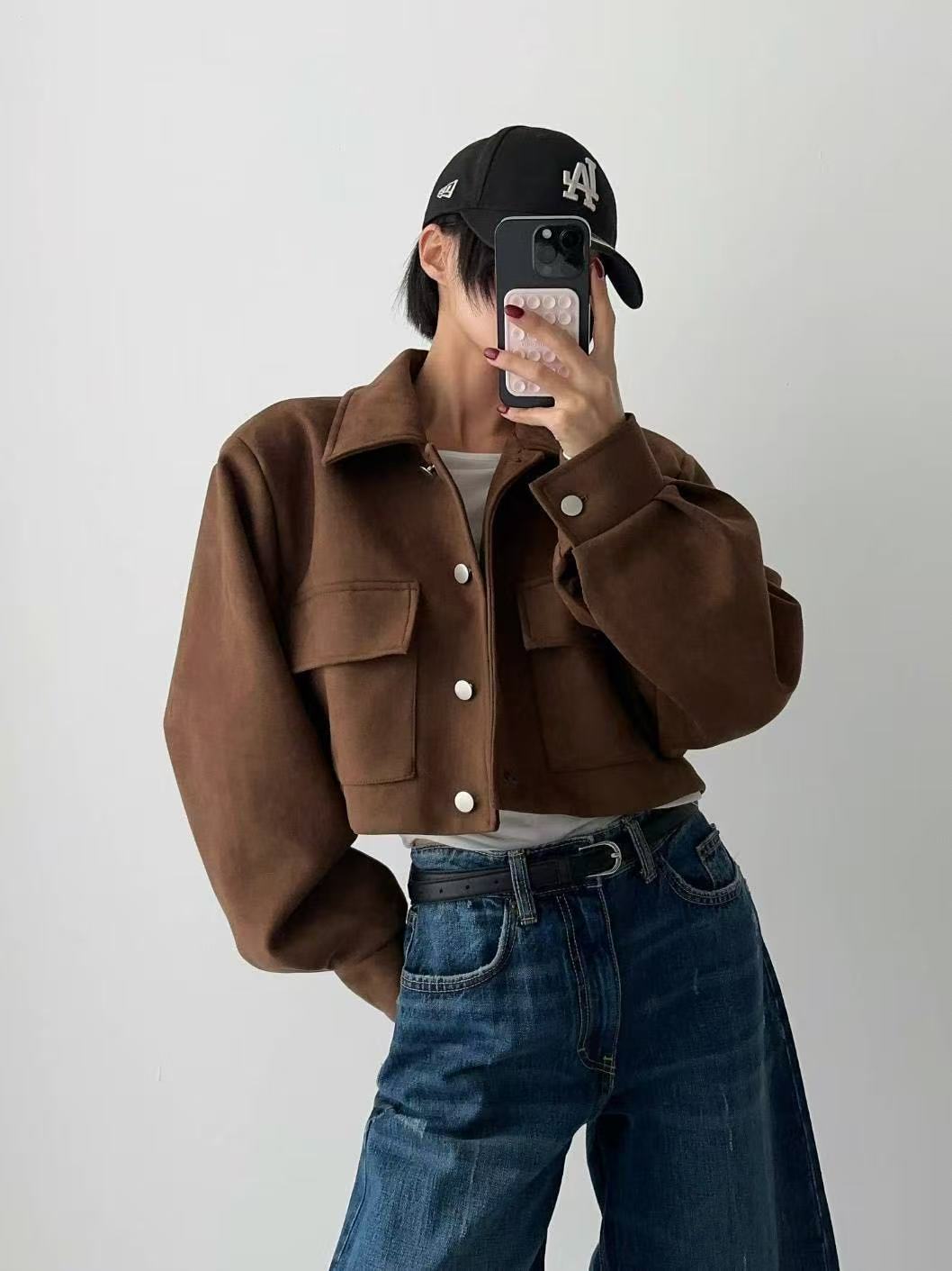 百搭翻領短版麂皮絨外套