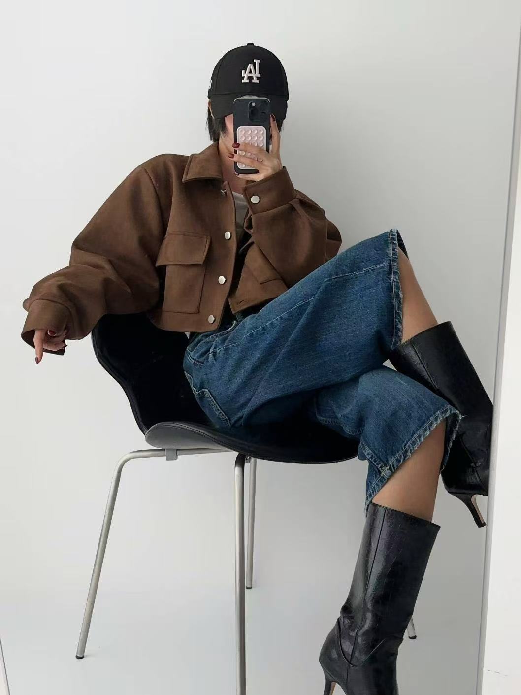 百搭翻領短版麂皮絨外套