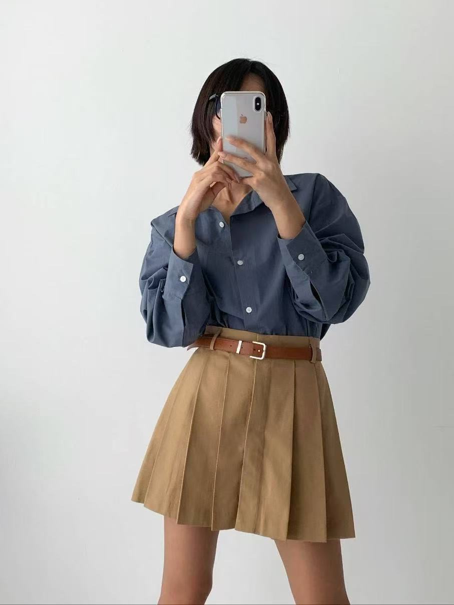 高腰百褶純色半身短裙