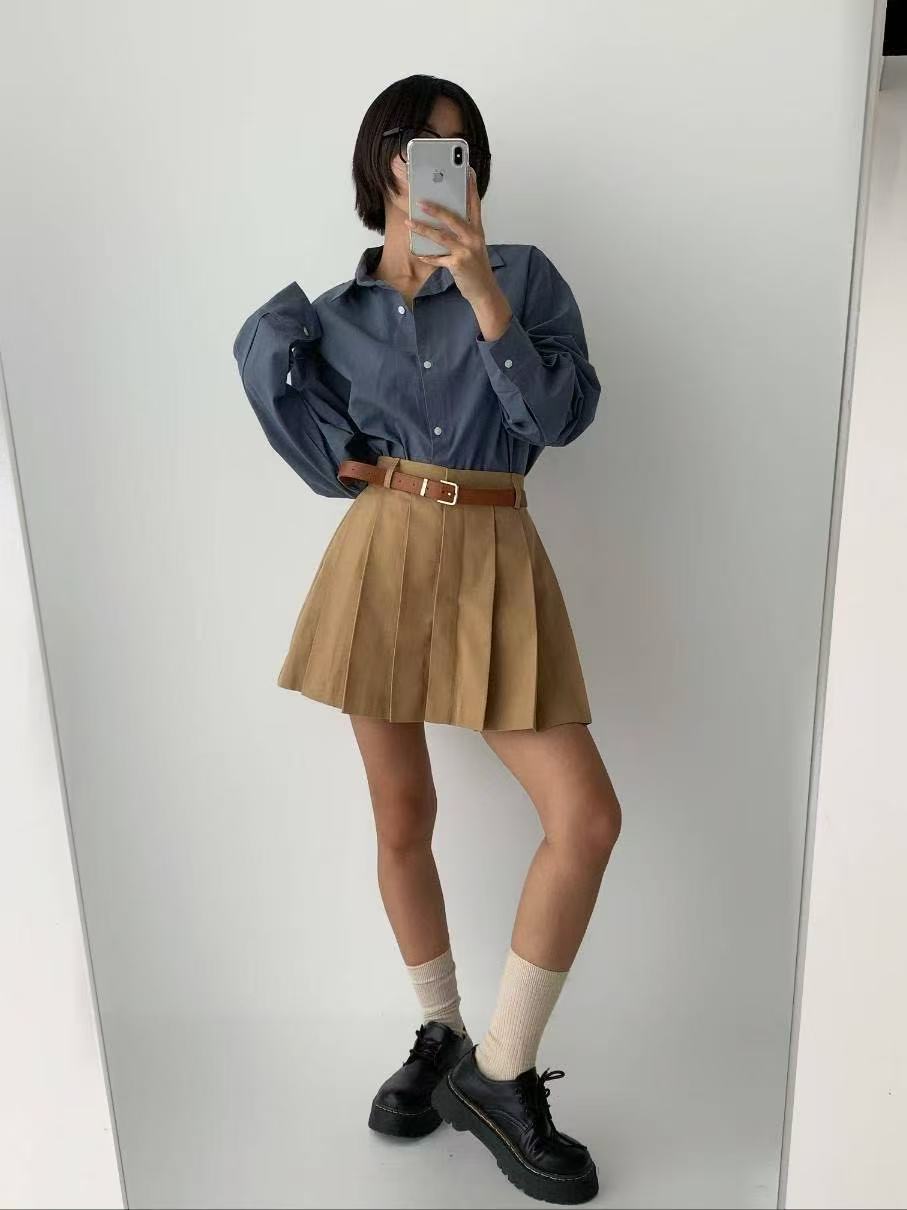 高腰百褶純色半身短裙