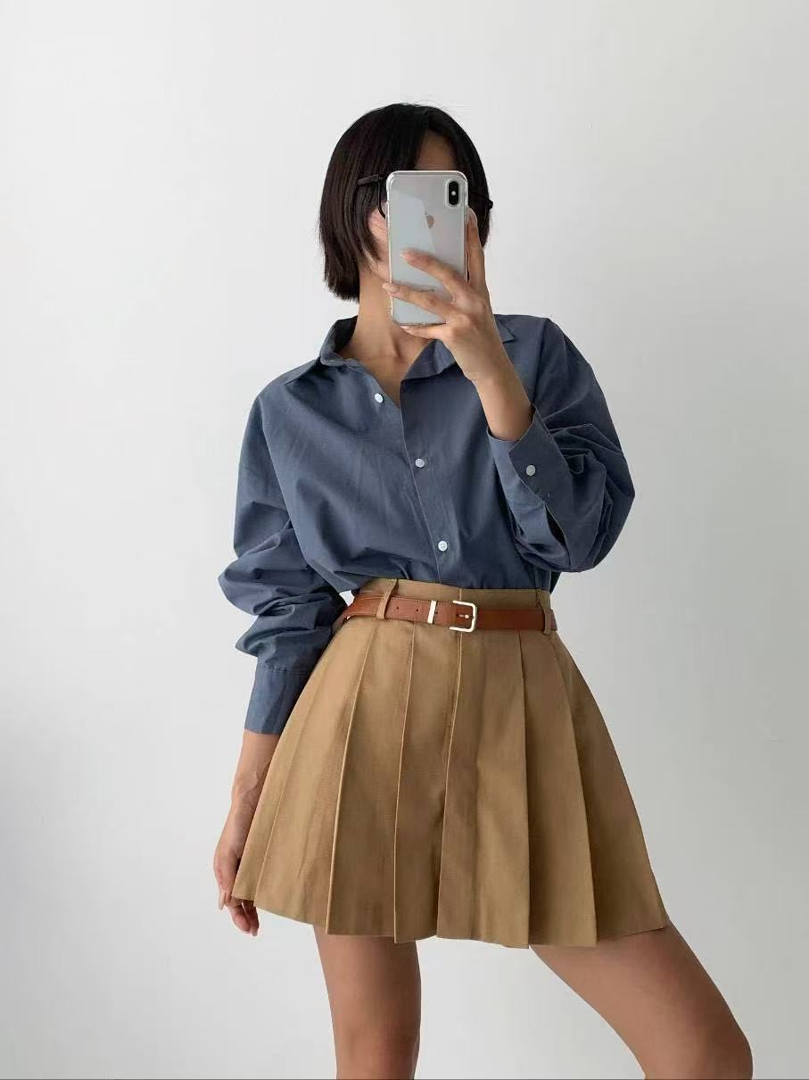 高腰百褶純色半身短裙