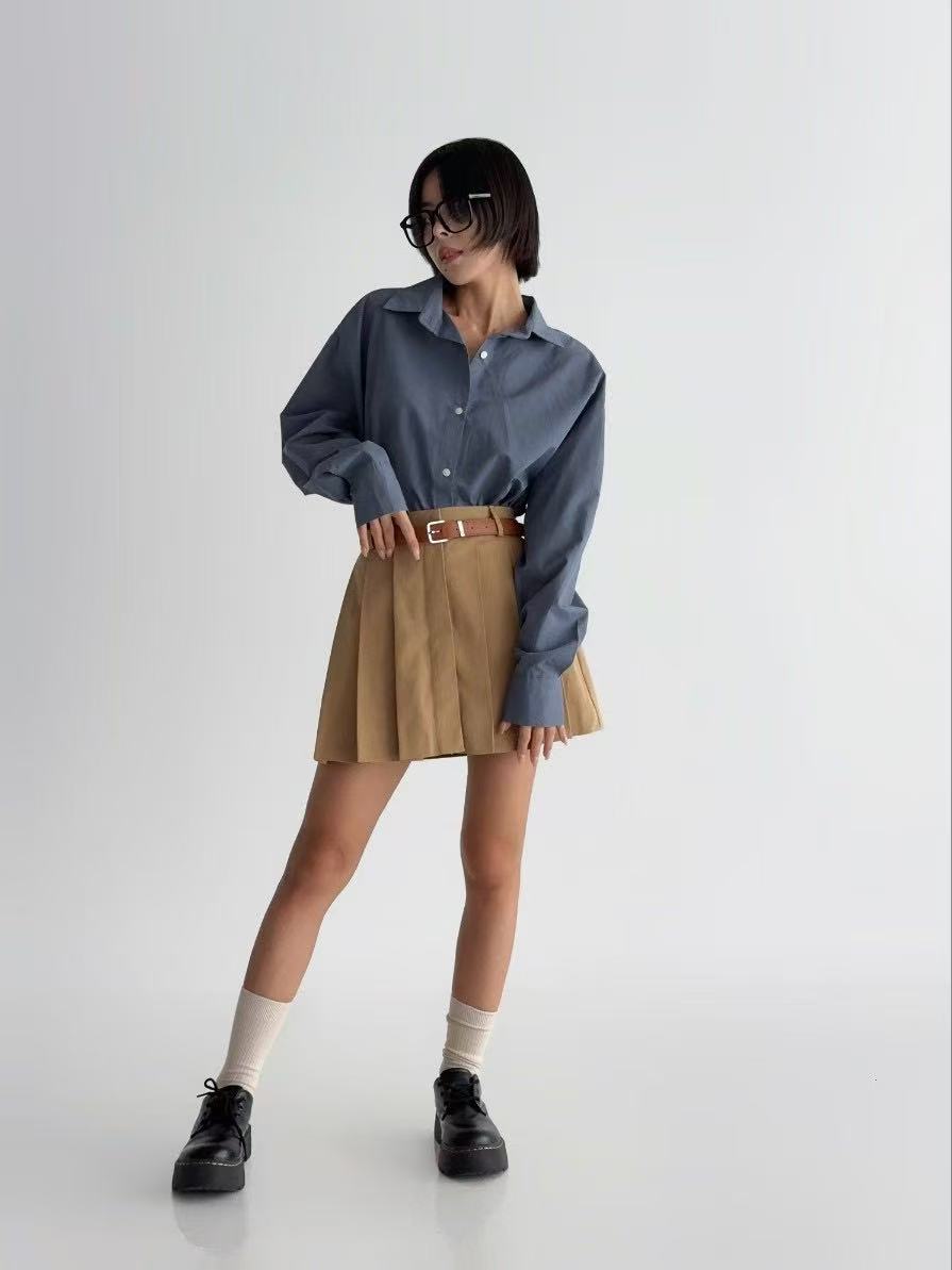 高腰百褶純色半身短裙