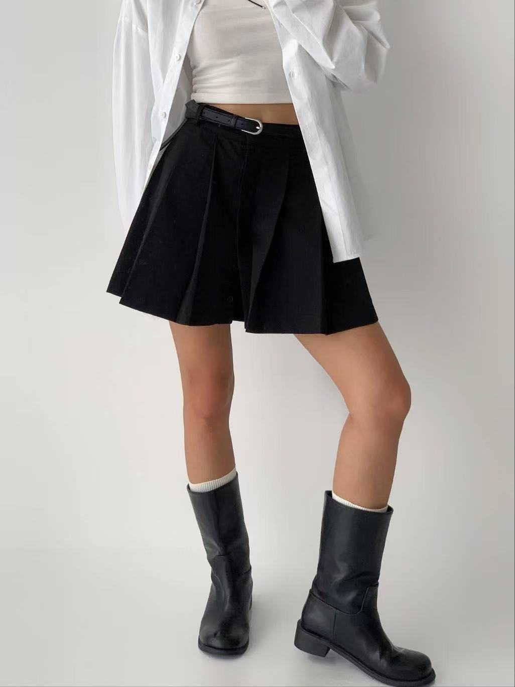 高腰百褶純色半身短裙
