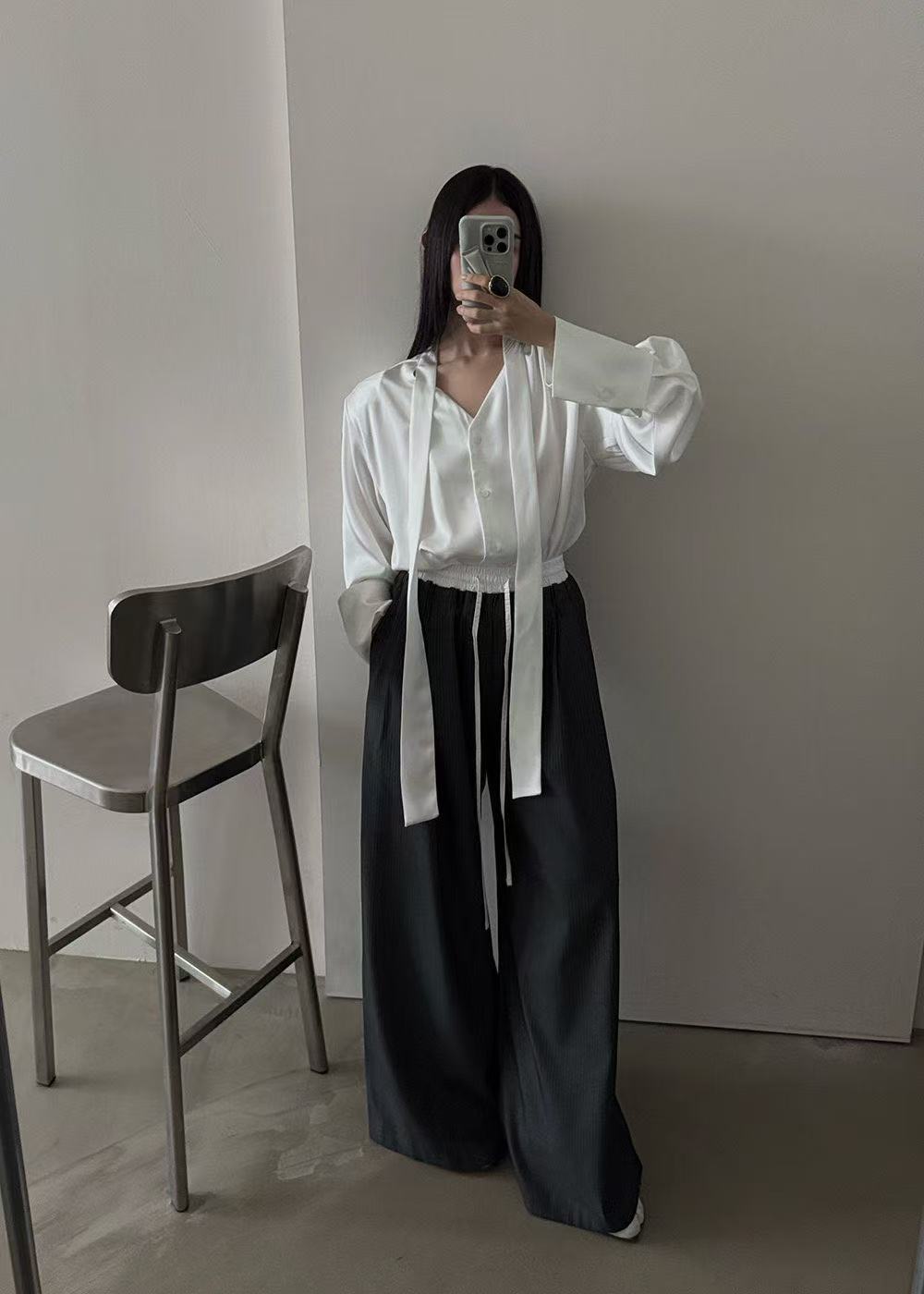 鬆緊腰抽繩拼色腰頭闊腿休閒長褲