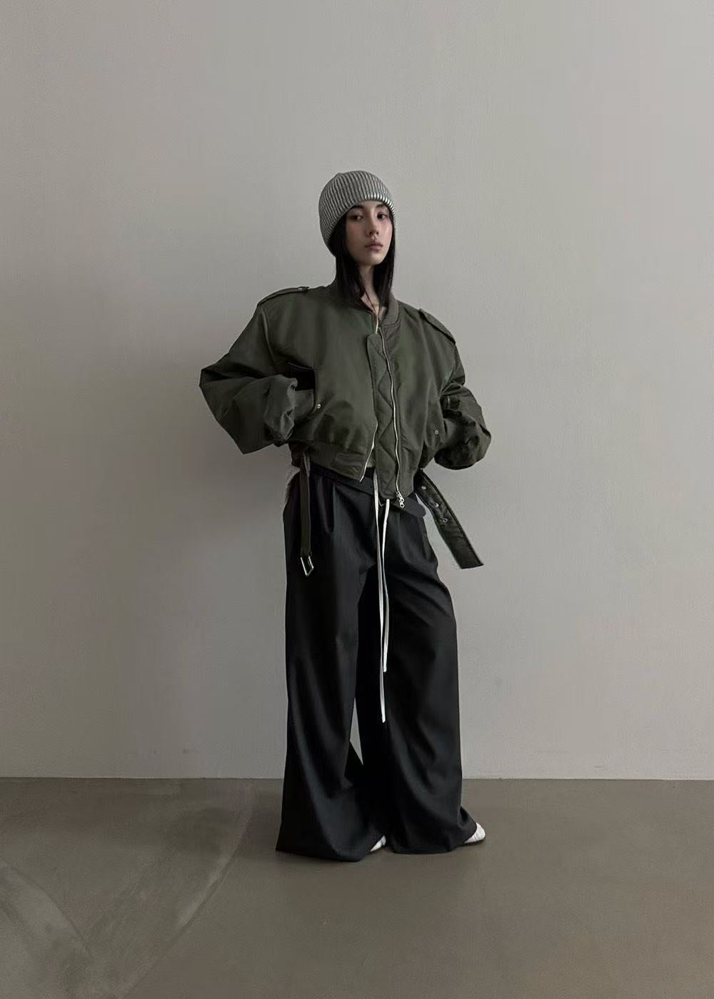 鬆緊腰抽繩拼色腰頭闊腿休閒長褲