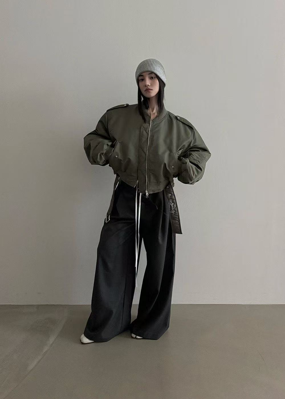 鬆緊腰抽繩拼色腰頭闊腿休閒長褲