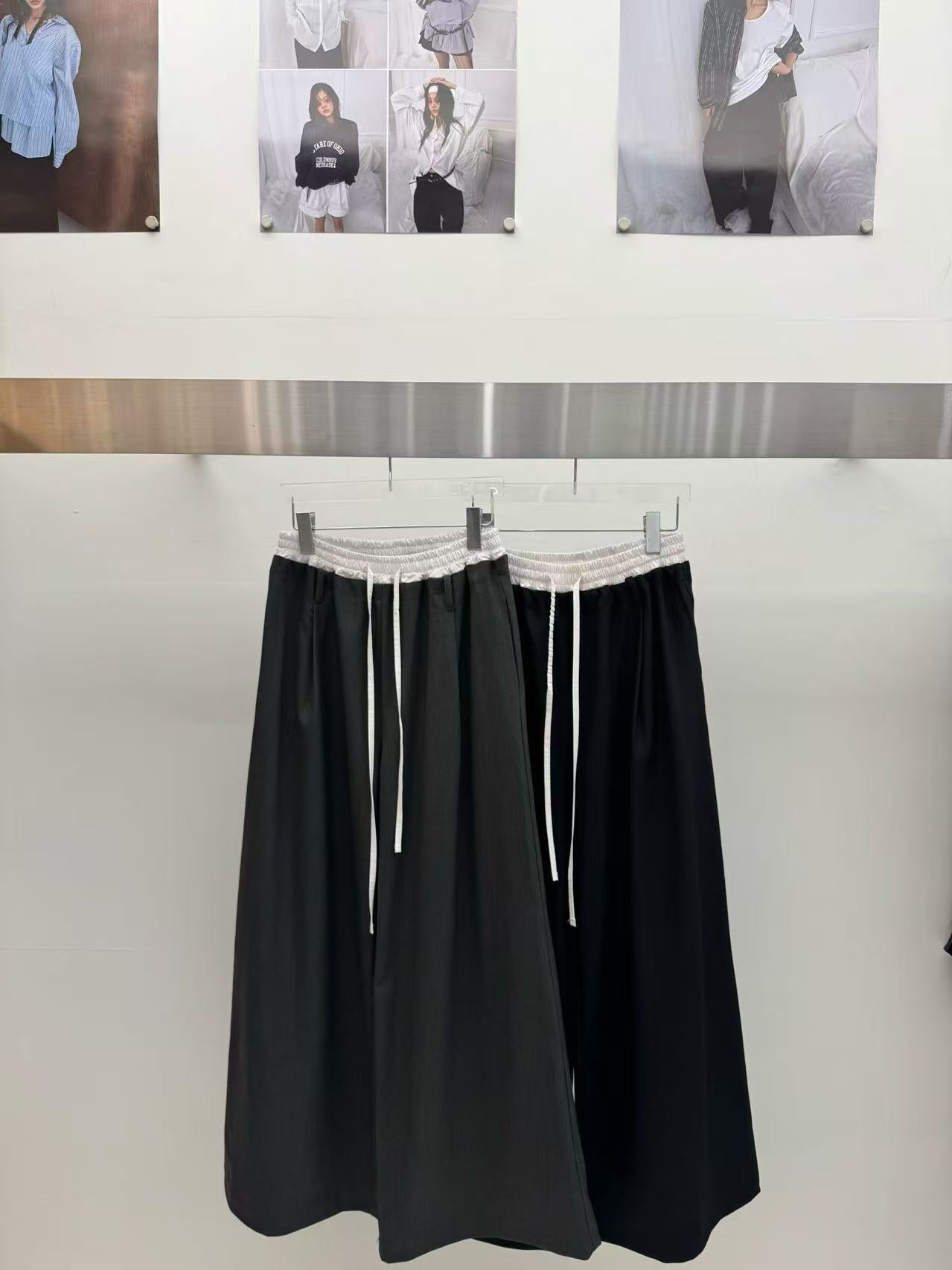 鬆緊腰抽繩拼色腰頭闊腿休閒長褲