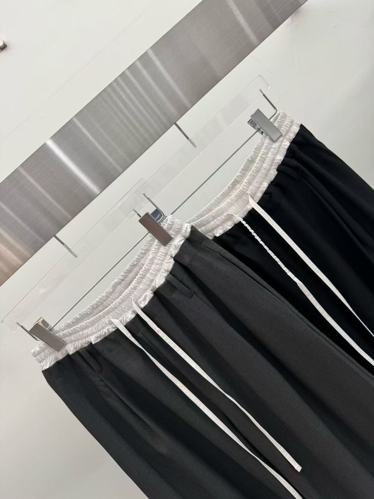 鬆緊腰抽繩拼色腰頭闊腿休閒長褲