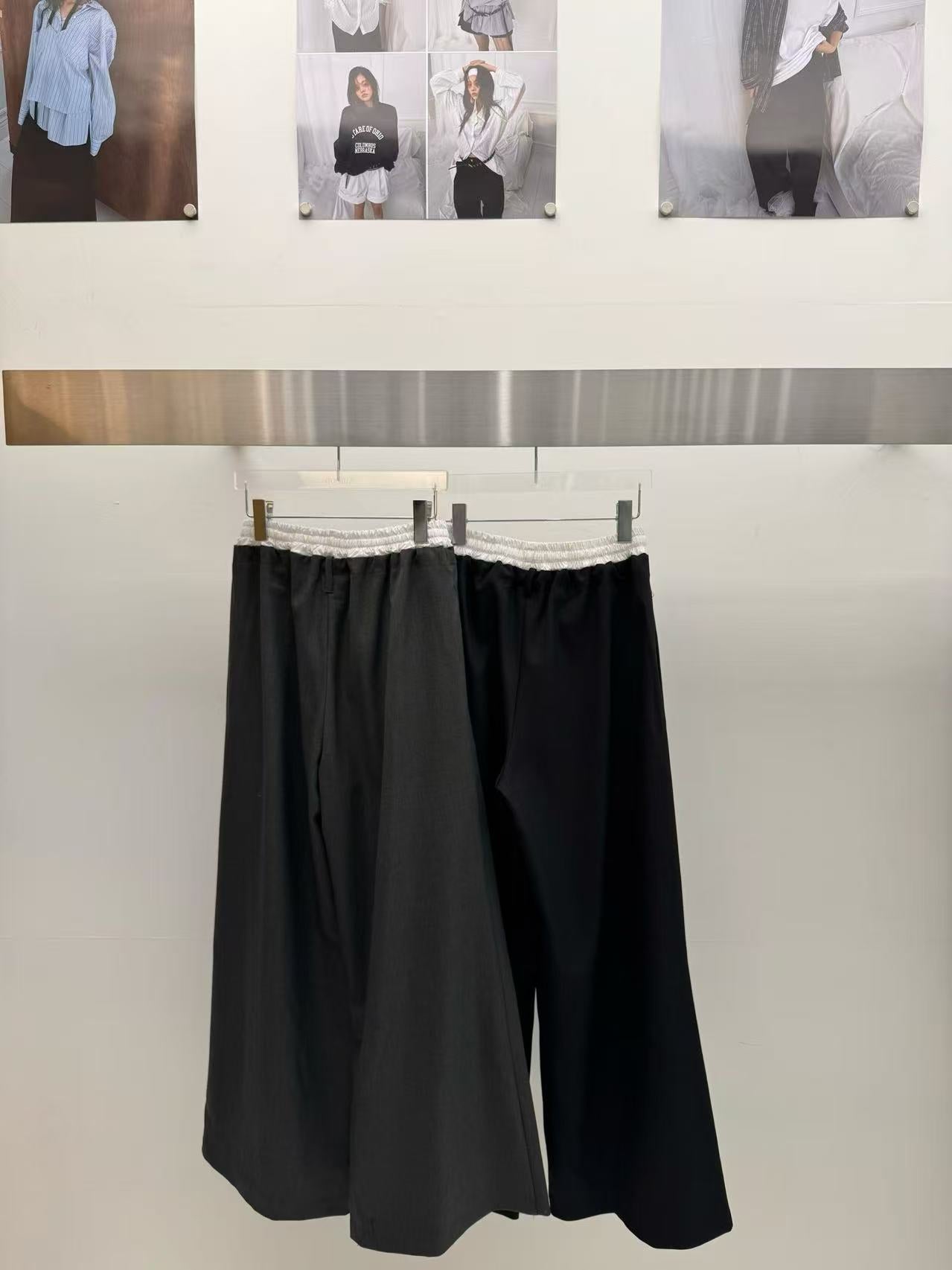 鬆緊腰抽繩拼色腰頭闊腿休閒長褲