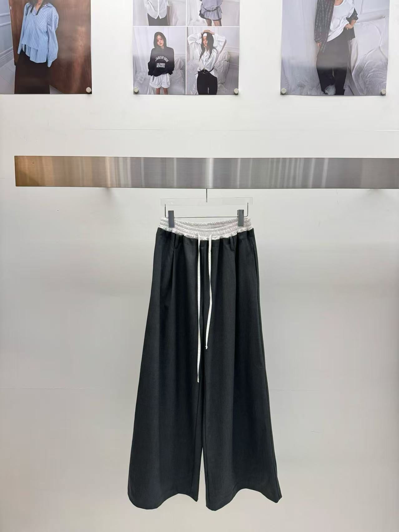 鬆緊腰抽繩拼色腰頭闊腿休閒長褲