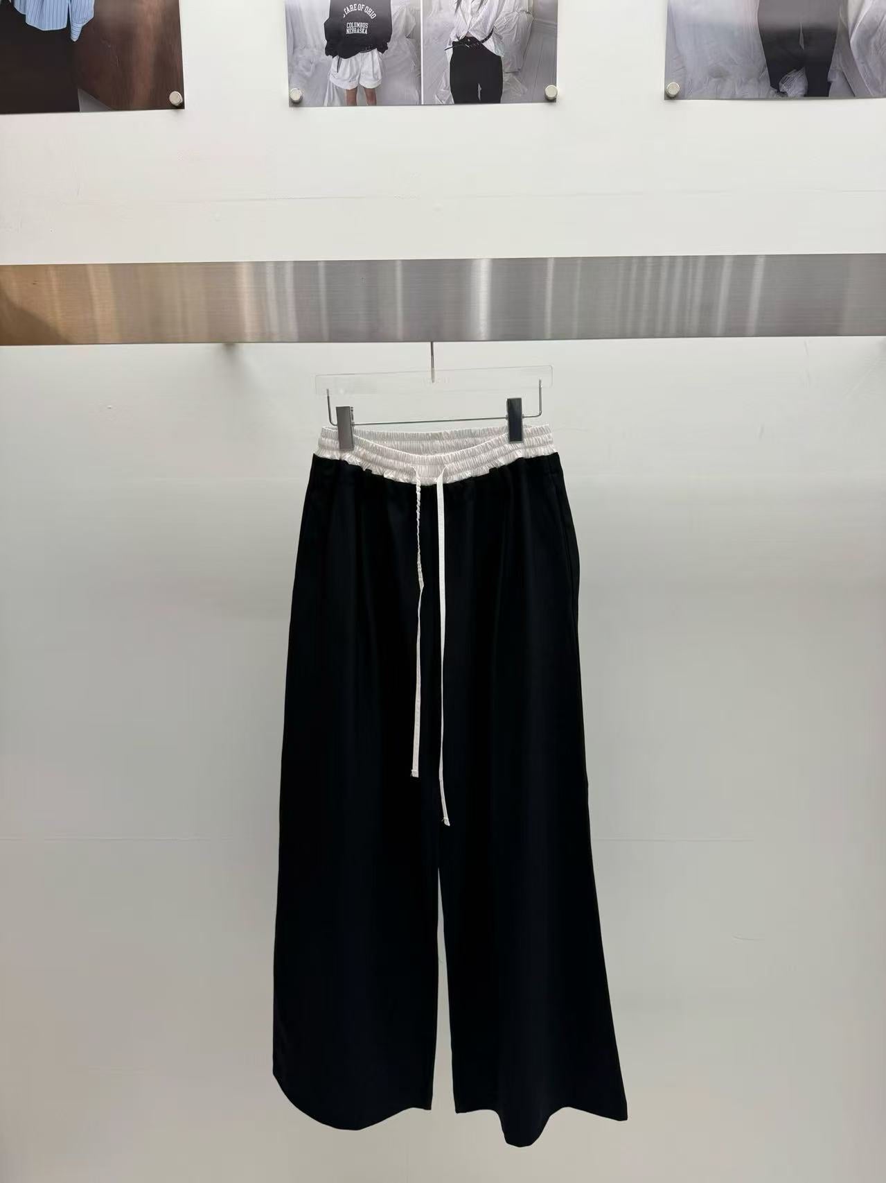 鬆緊腰抽繩拼色腰頭闊腿休閒長褲