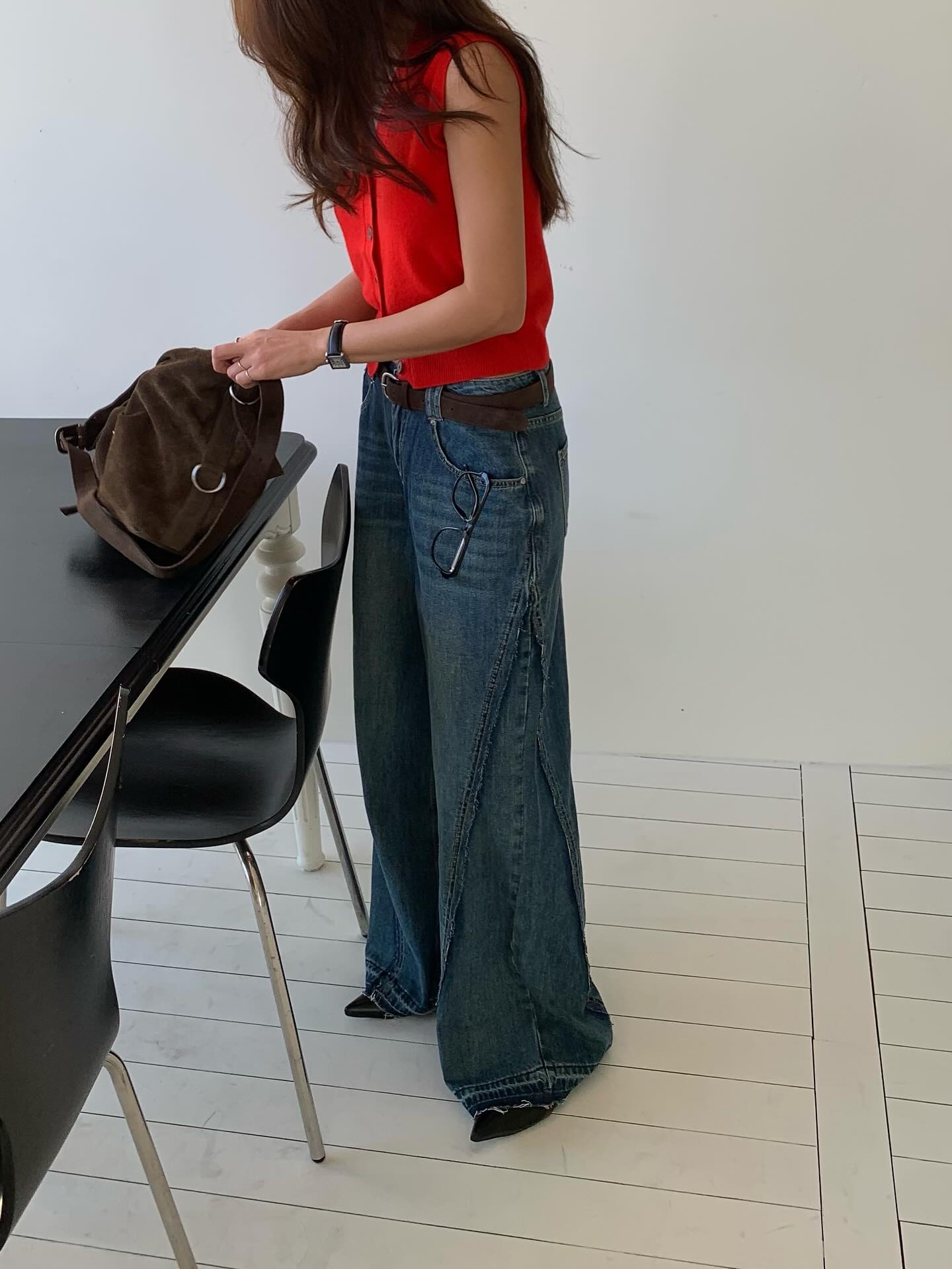 設計感百搭闊腿拖地牛仔長褲