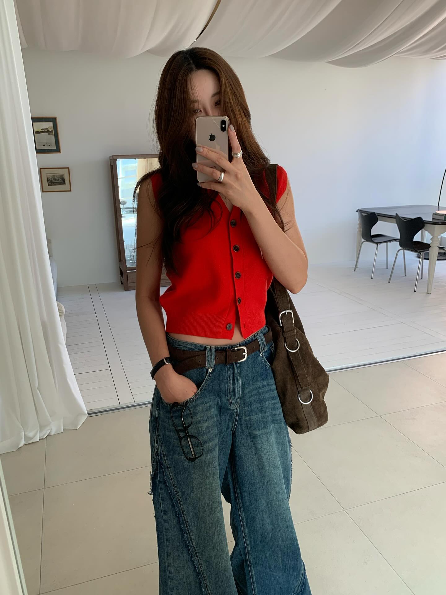 設計感百搭闊腿拖地牛仔長褲