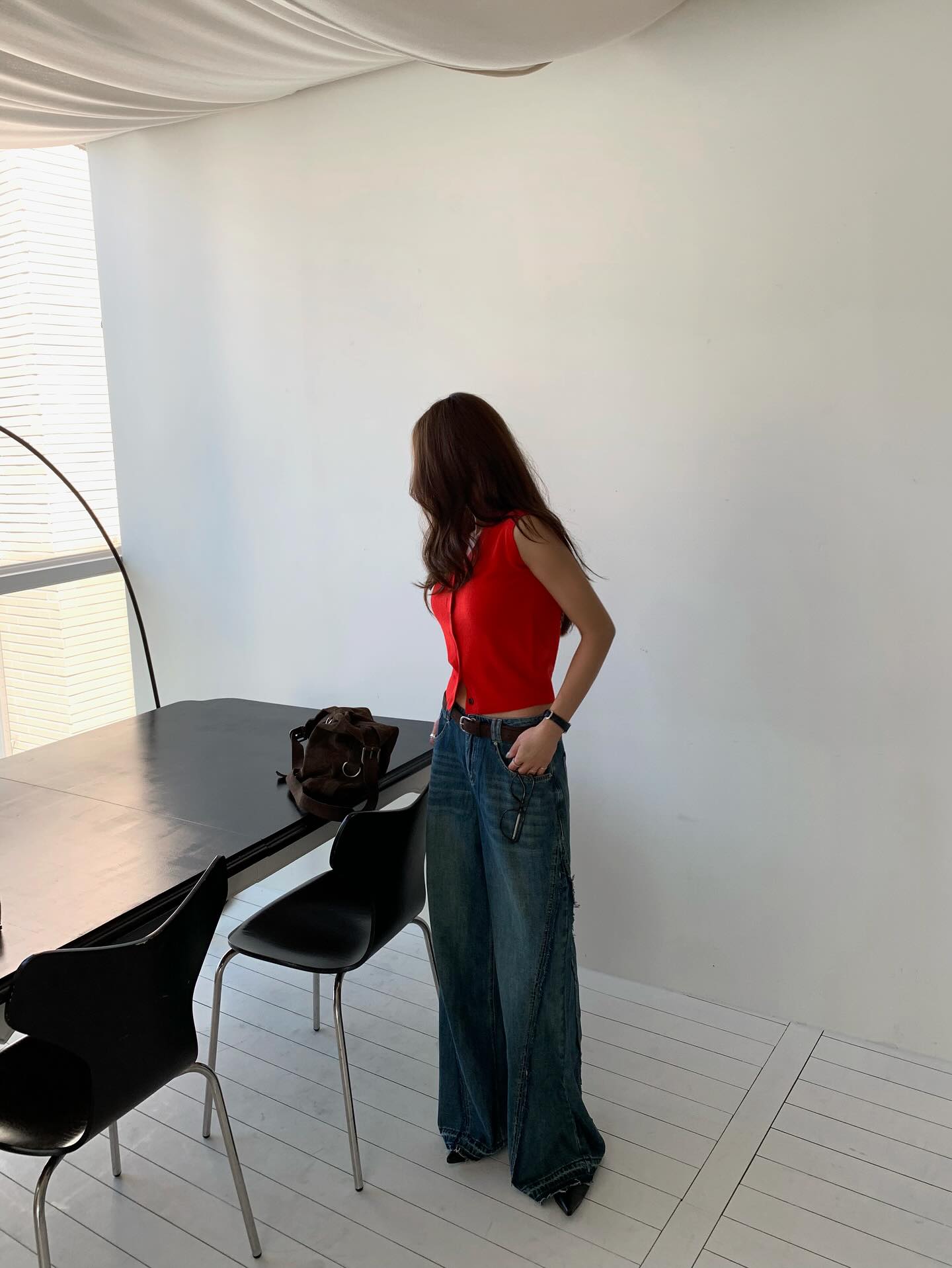 設計感百搭闊腿拖地牛仔長褲