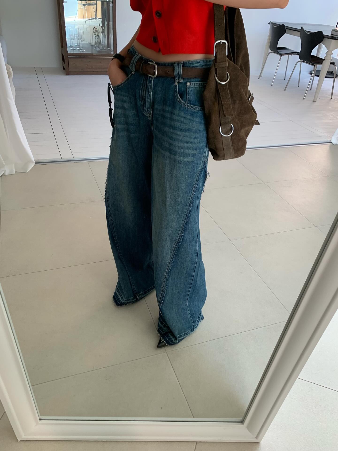 設計感百搭闊腿拖地牛仔長褲