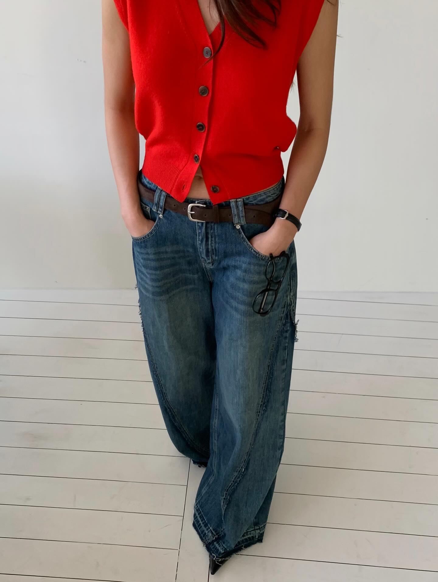 設計感百搭闊腿拖地牛仔長褲