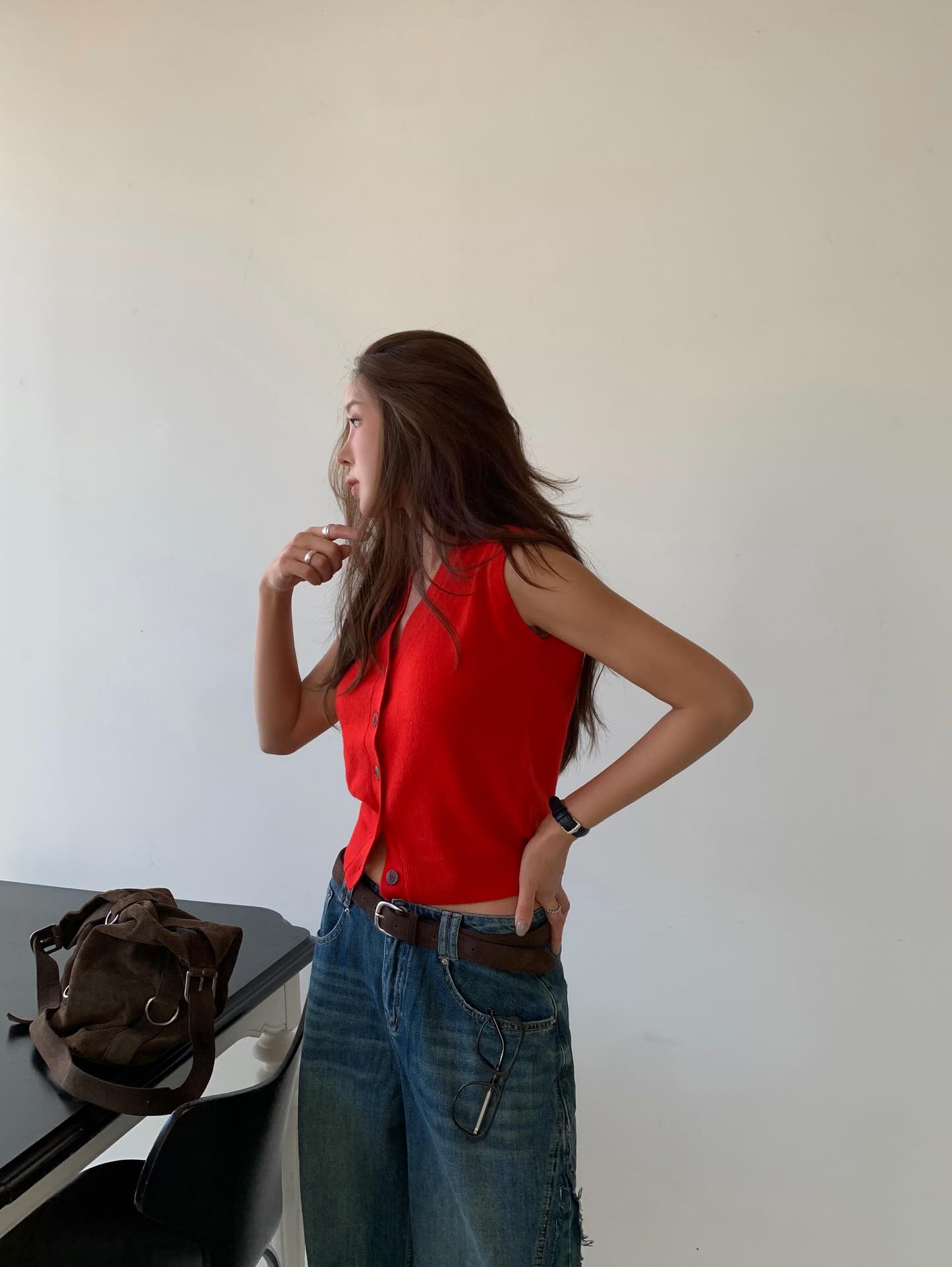 設計感百搭闊腿拖地牛仔長褲