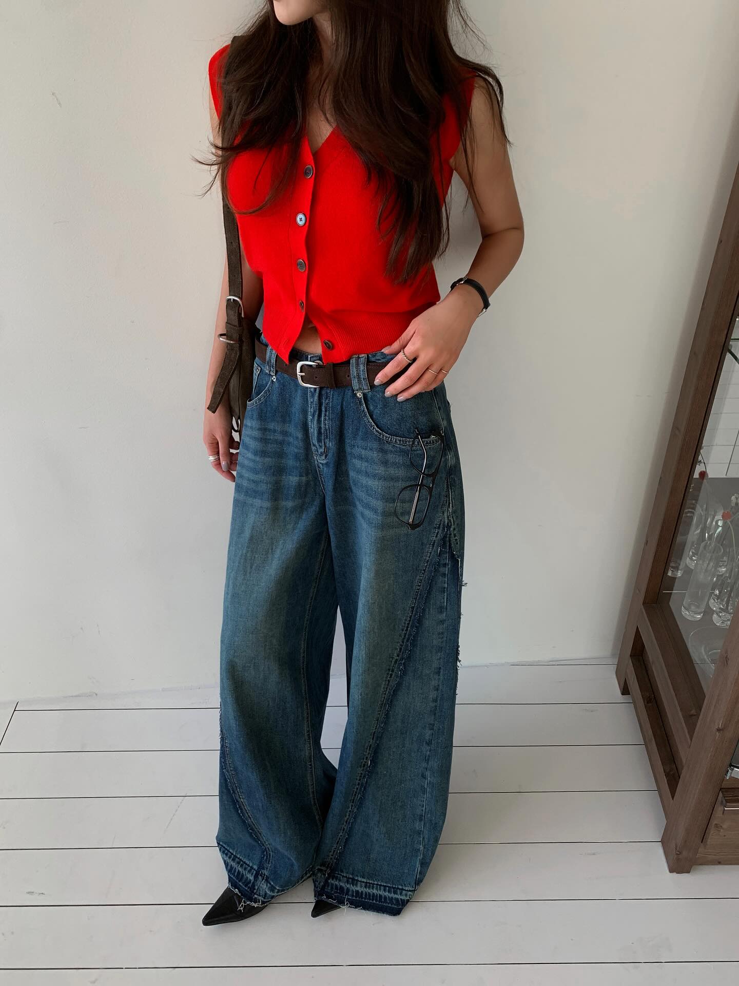 設計感百搭闊腿拖地牛仔長褲