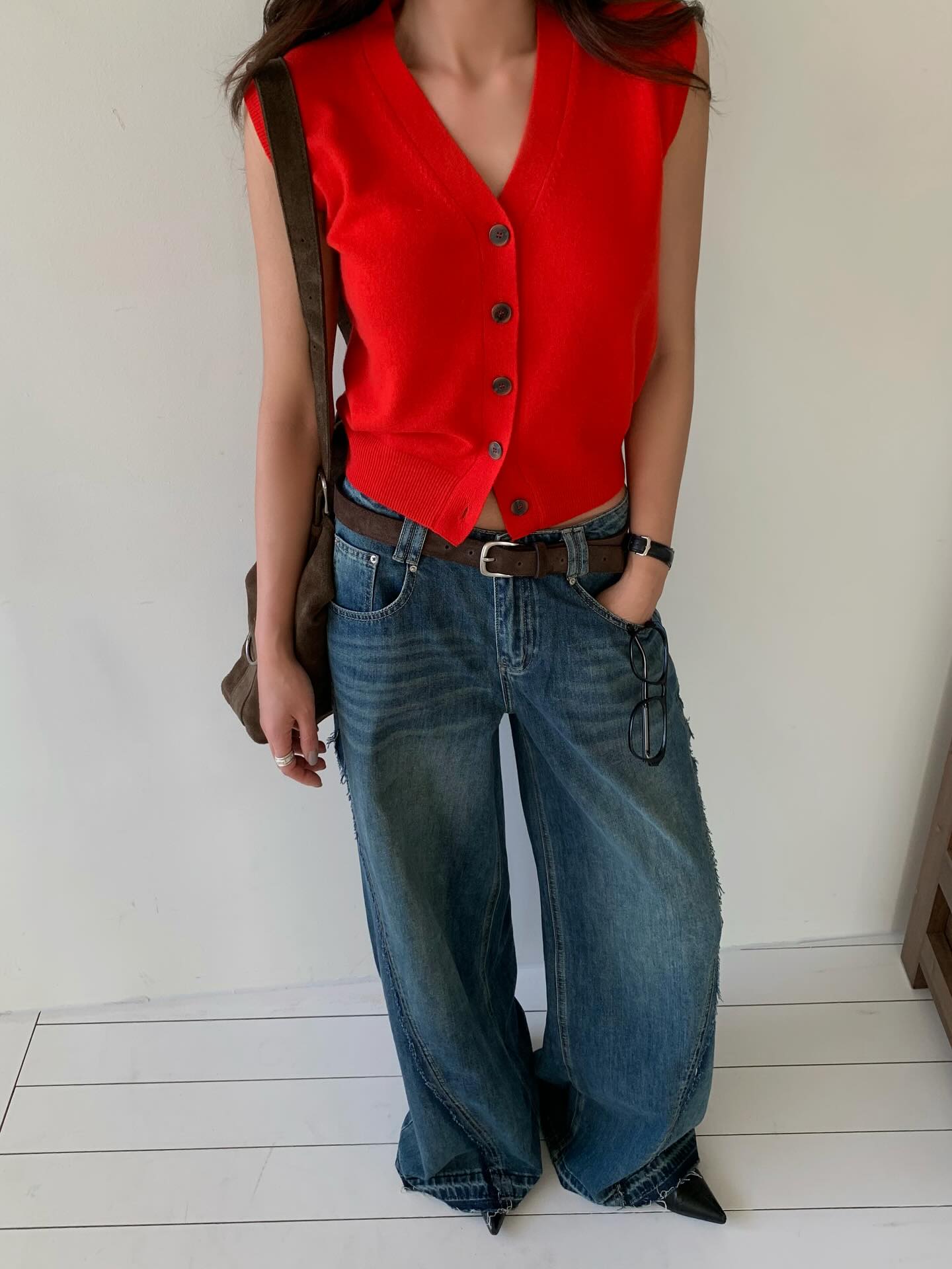 設計感百搭闊腿拖地牛仔長褲