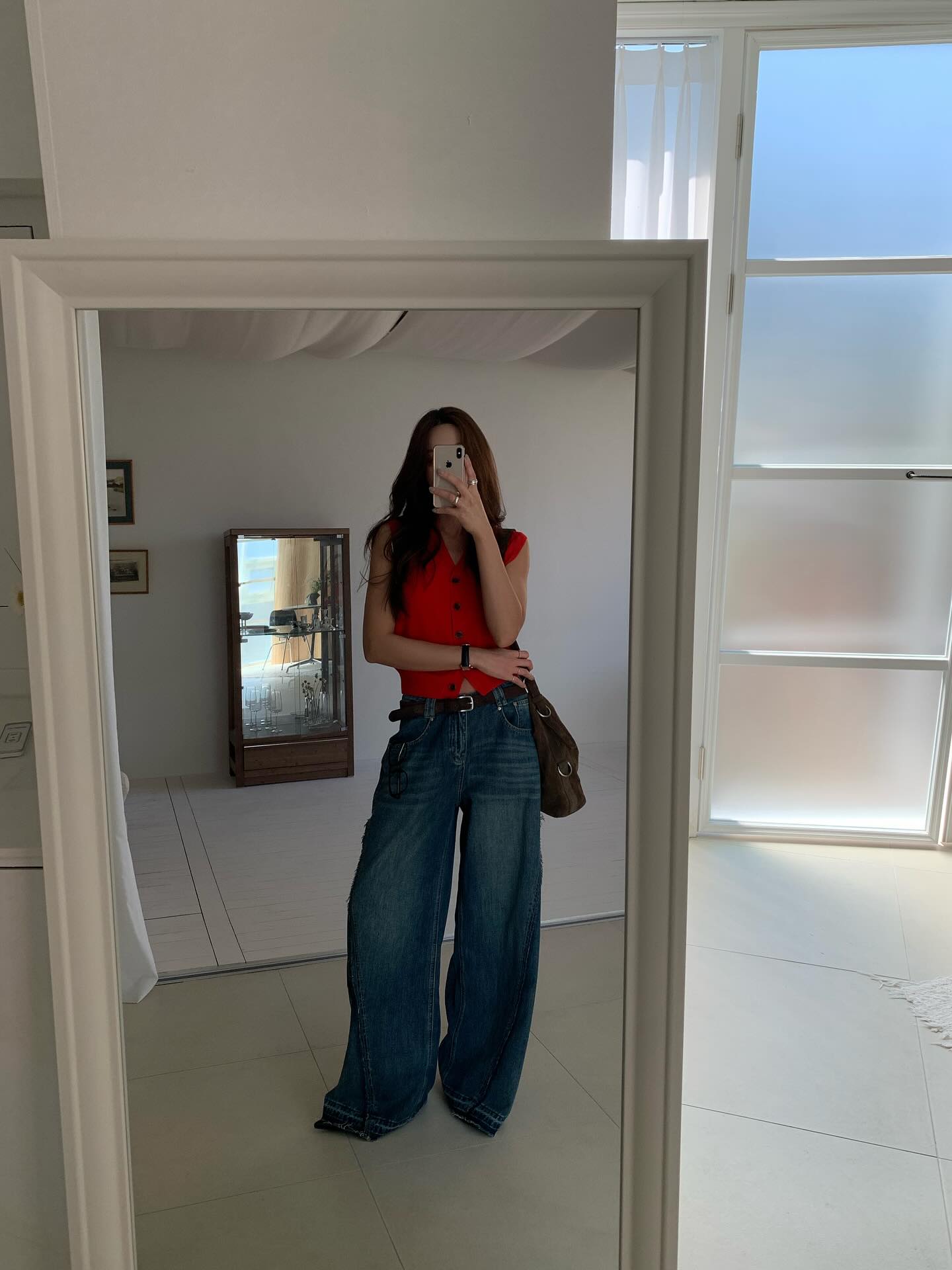 設計感百搭闊腿拖地牛仔長褲