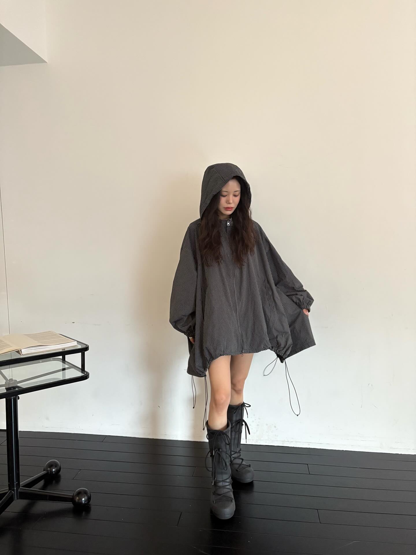 翻領拉鏈下擺抽繩寬鬆連帽薄外套