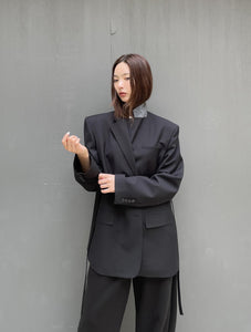 翻領綁帶中長款西裝外套