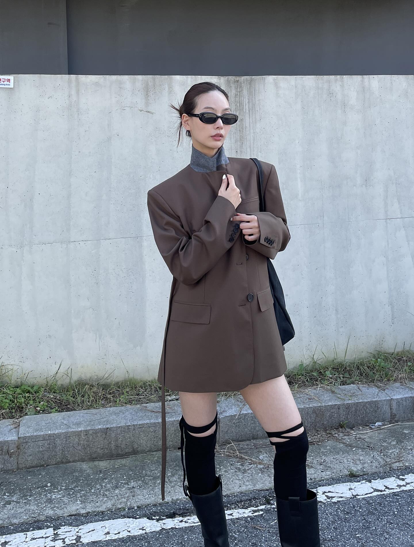 翻領綁帶中長款西裝外套