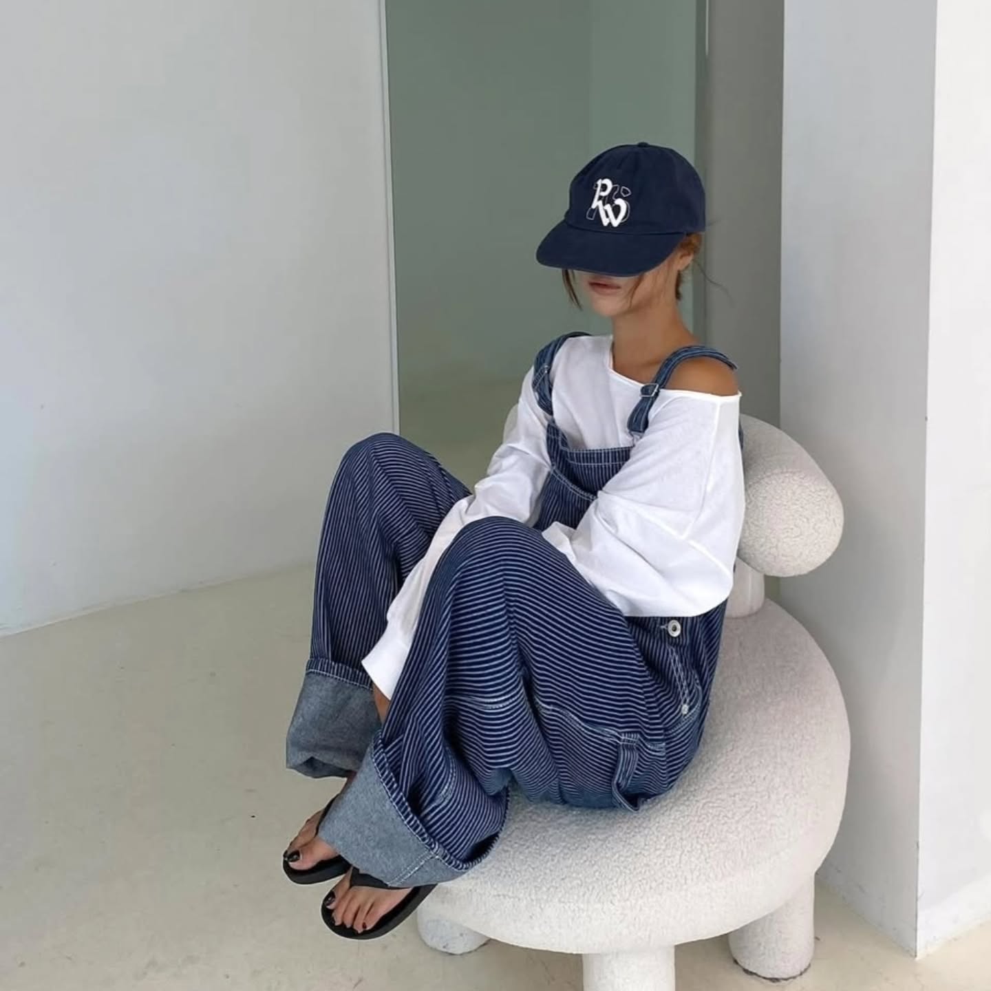 豎條紋口袋寬鬆背帶連身褲