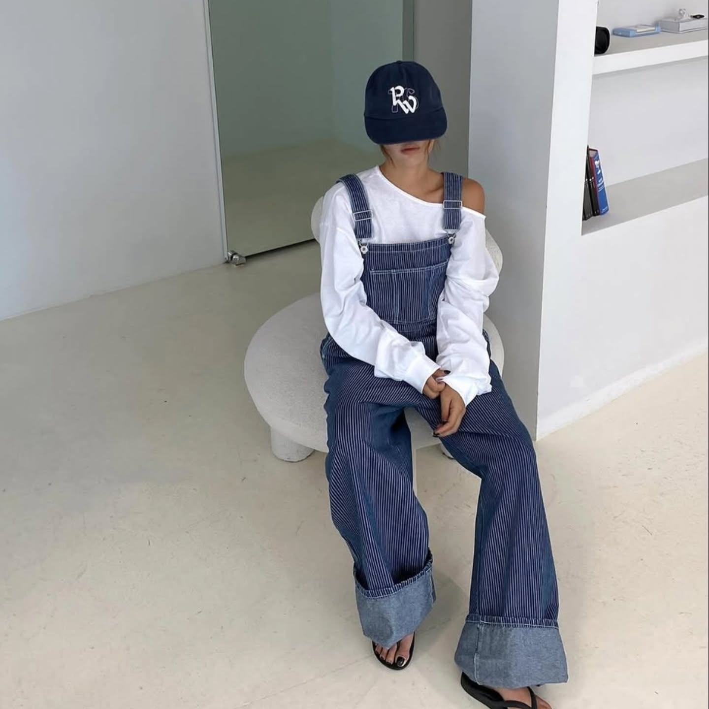 豎條紋口袋寬鬆背帶連身褲