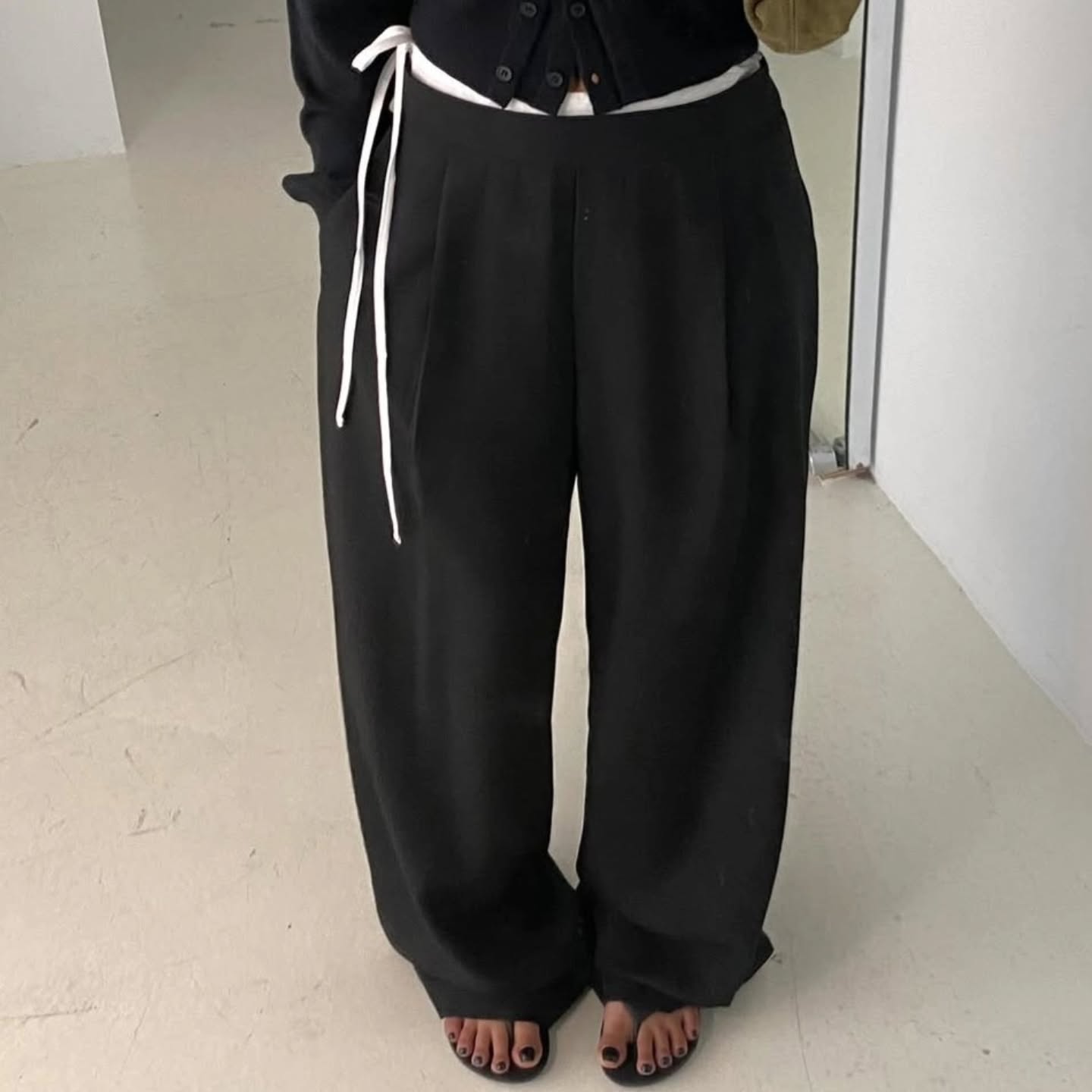 拼色抽繩寬鬆直筒西裝長褲