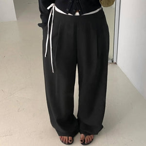 拼色抽繩寬鬆直筒西裝長褲