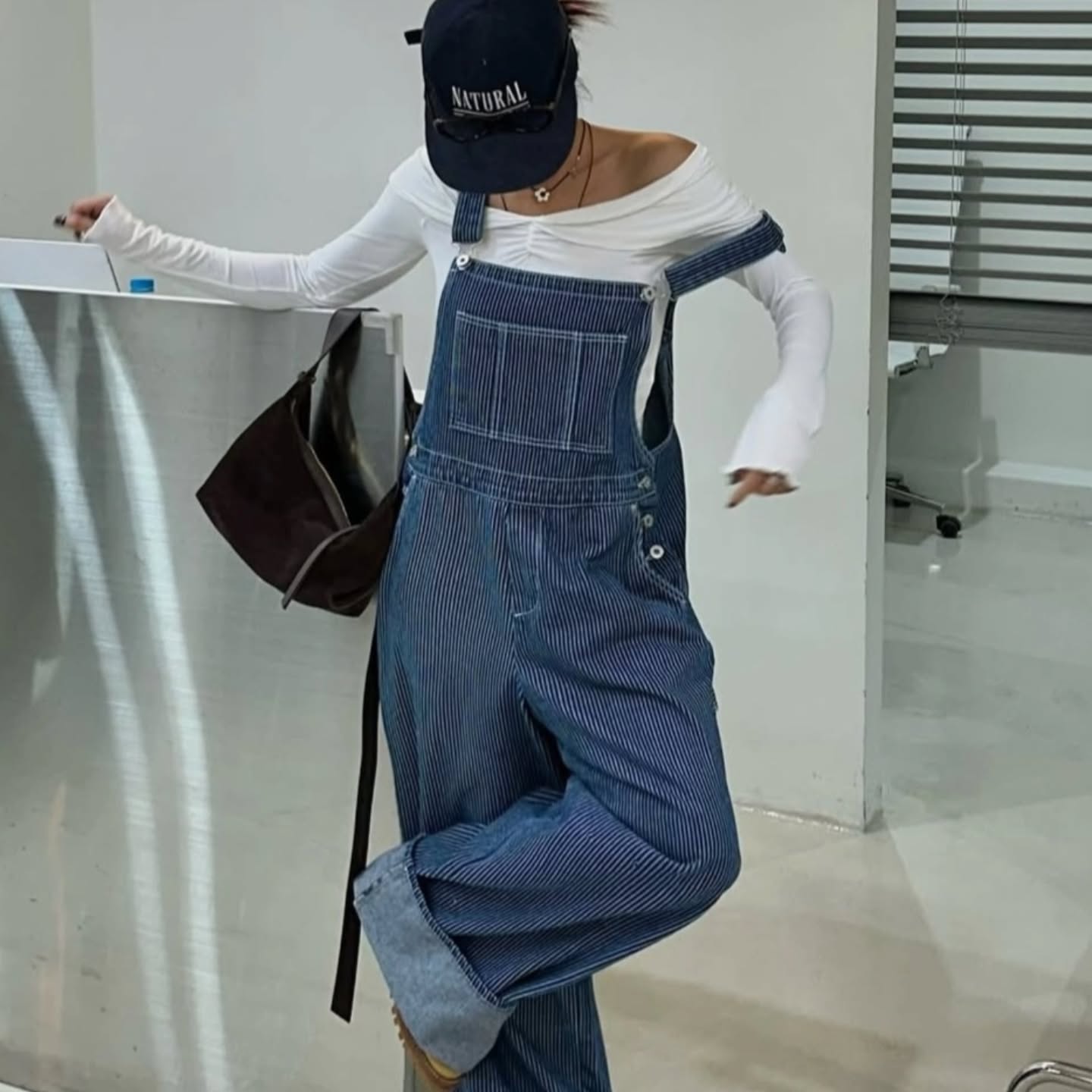 豎條紋口袋寬鬆背帶連身褲