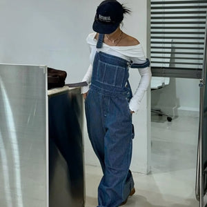 豎條紋口袋寬鬆背帶連身褲