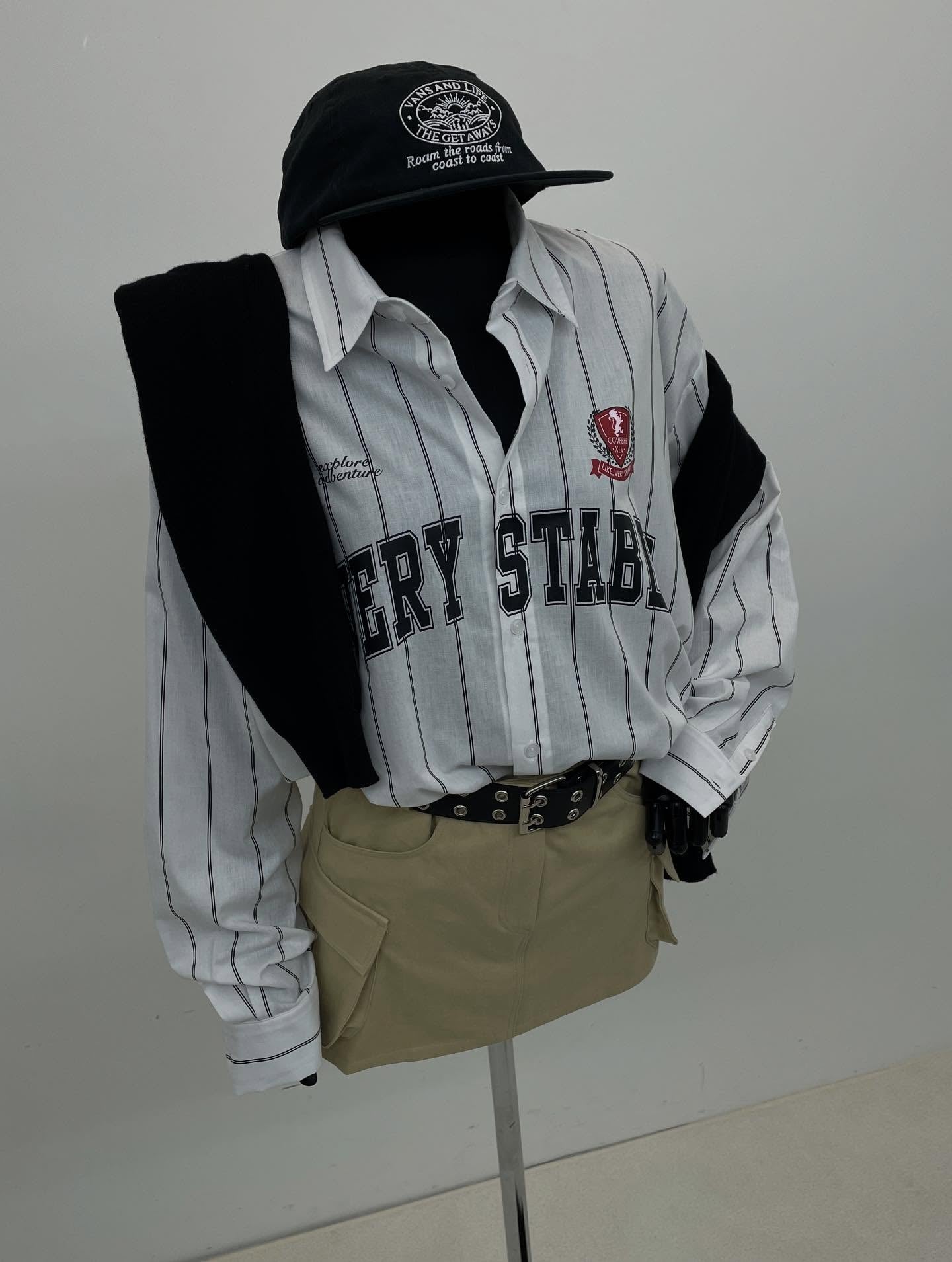 Polo領豎條紋字母襯衫