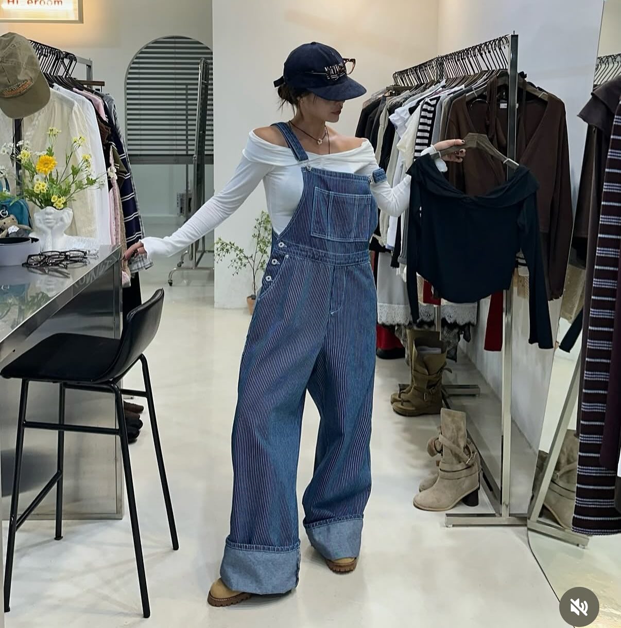 豎條紋口袋寬鬆背帶連身褲