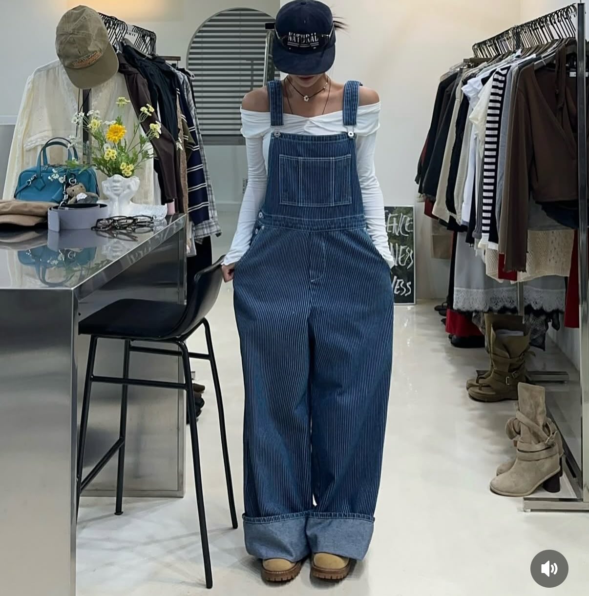豎條紋口袋寬鬆背帶連身褲