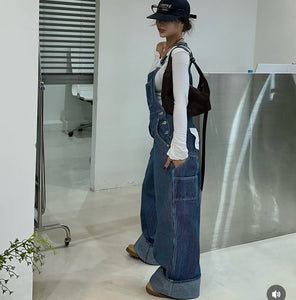 豎條紋口袋寬鬆背帶連身褲