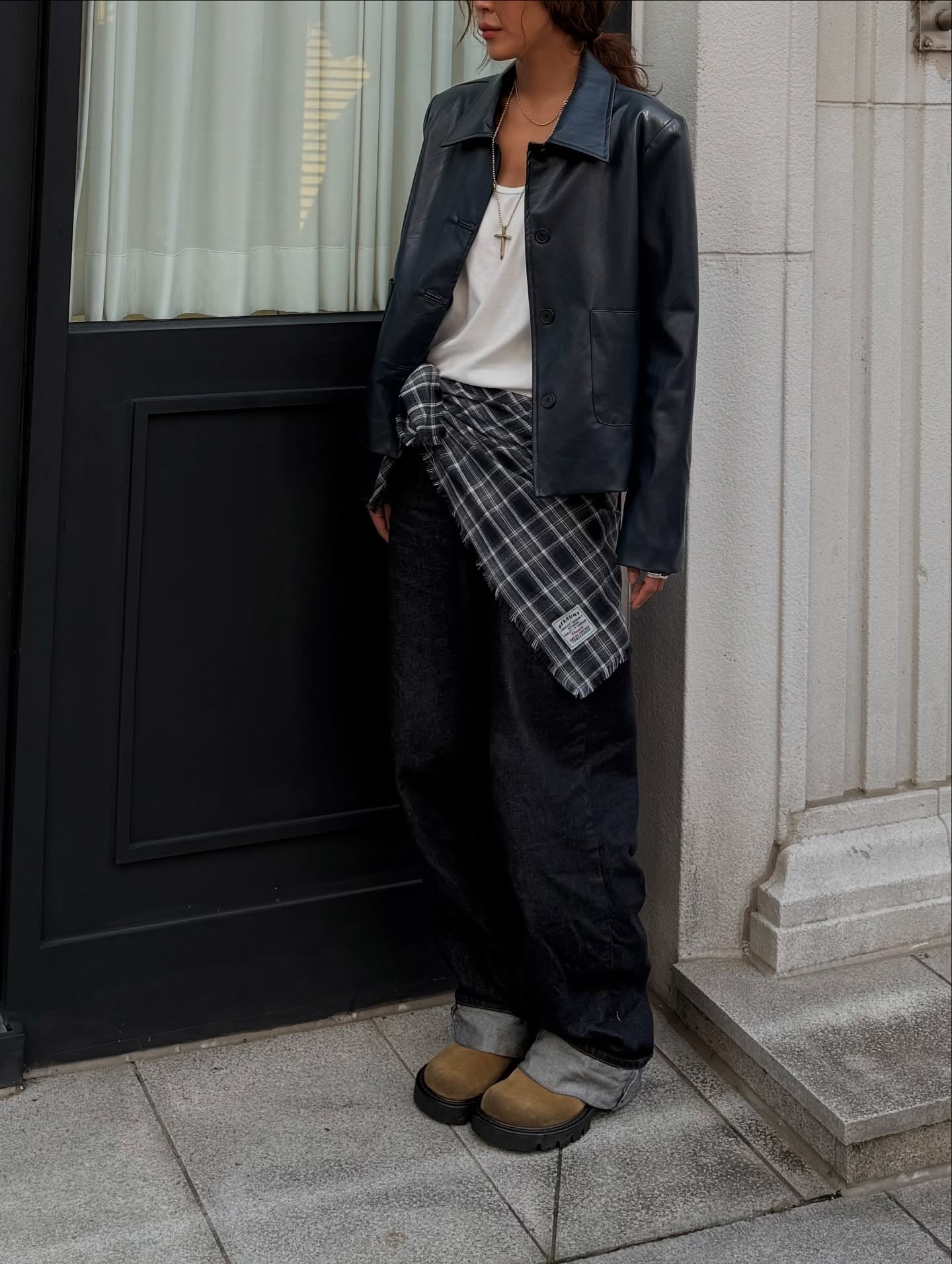 復古簡約氣質翻領短款皮衣外套