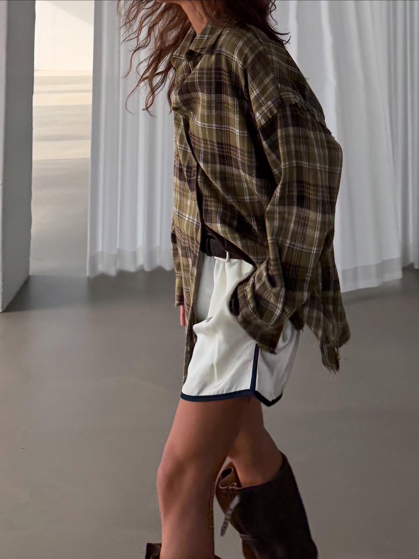 流蘇格紋寬鬆襯衫