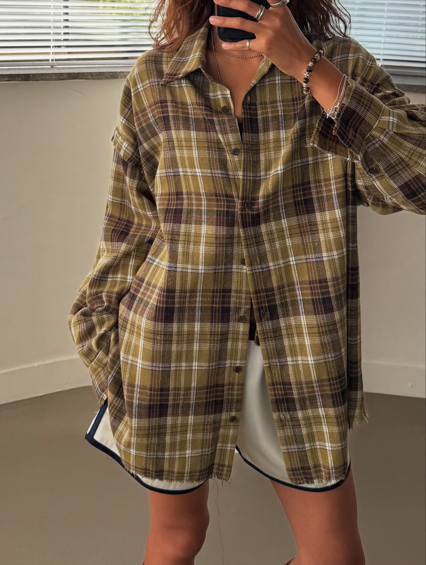 流蘇格紋寬鬆襯衫