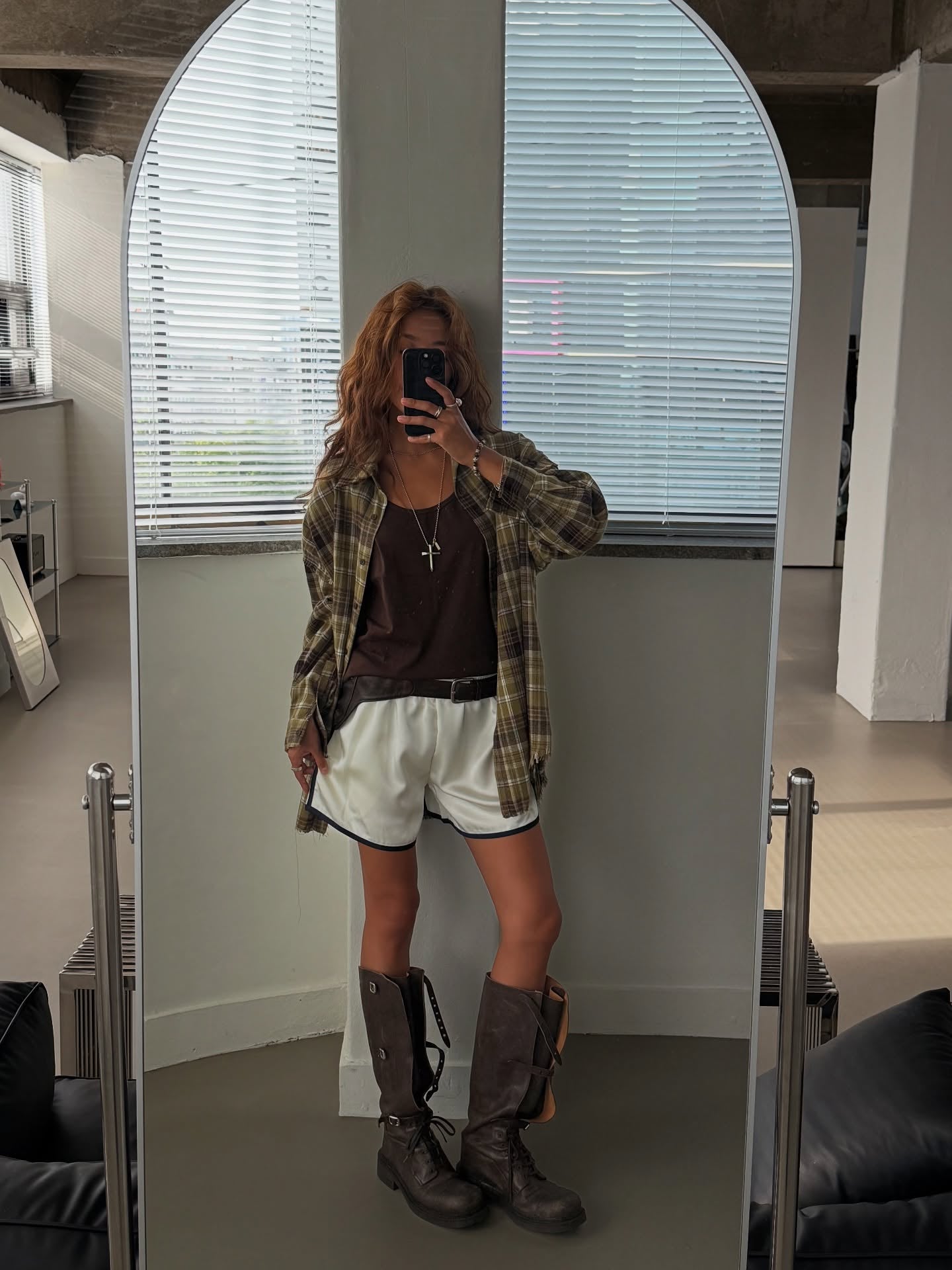 流蘇格紋寬鬆襯衫