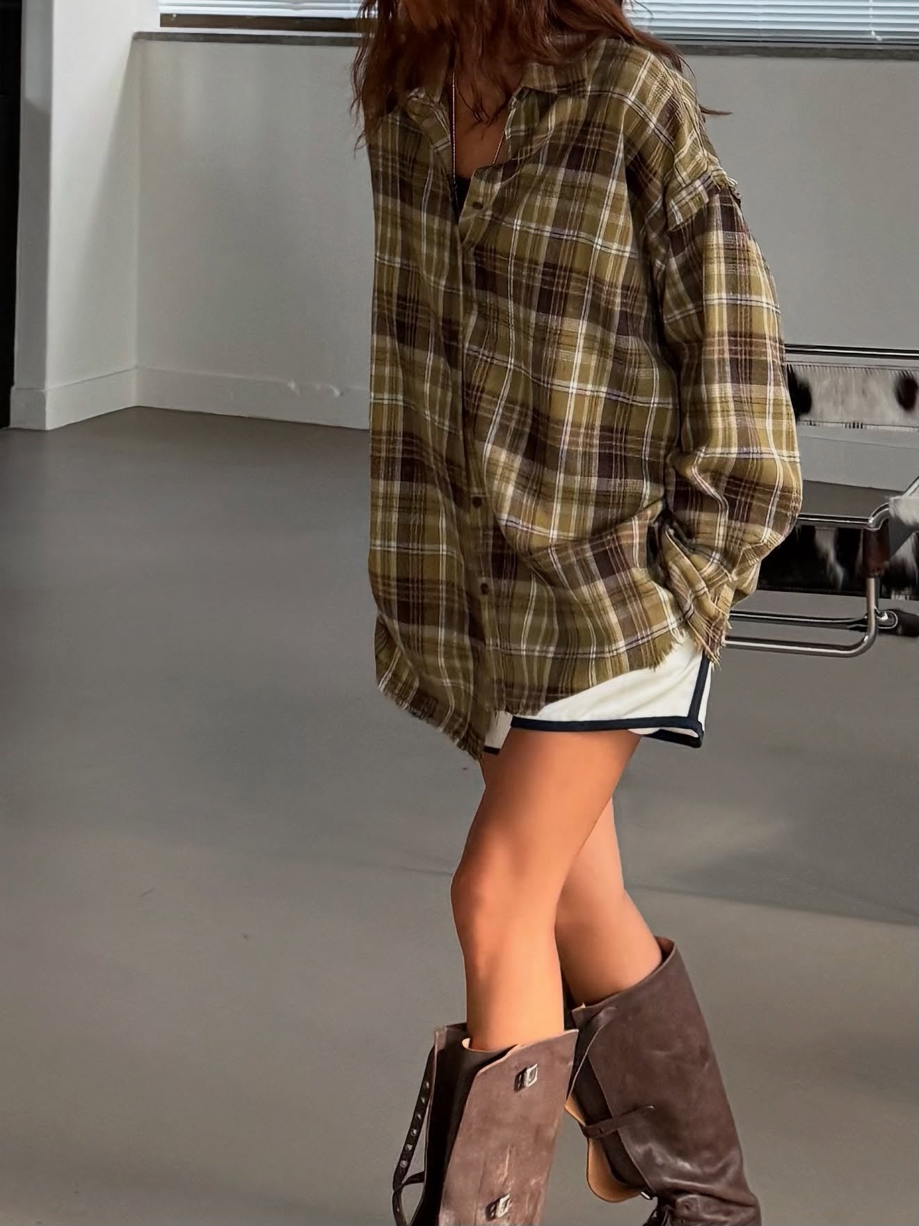 流蘇格紋寬鬆襯衫