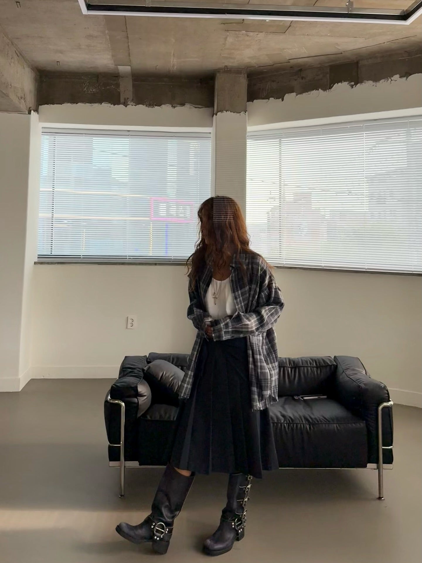 流蘇格紋寬鬆襯衫