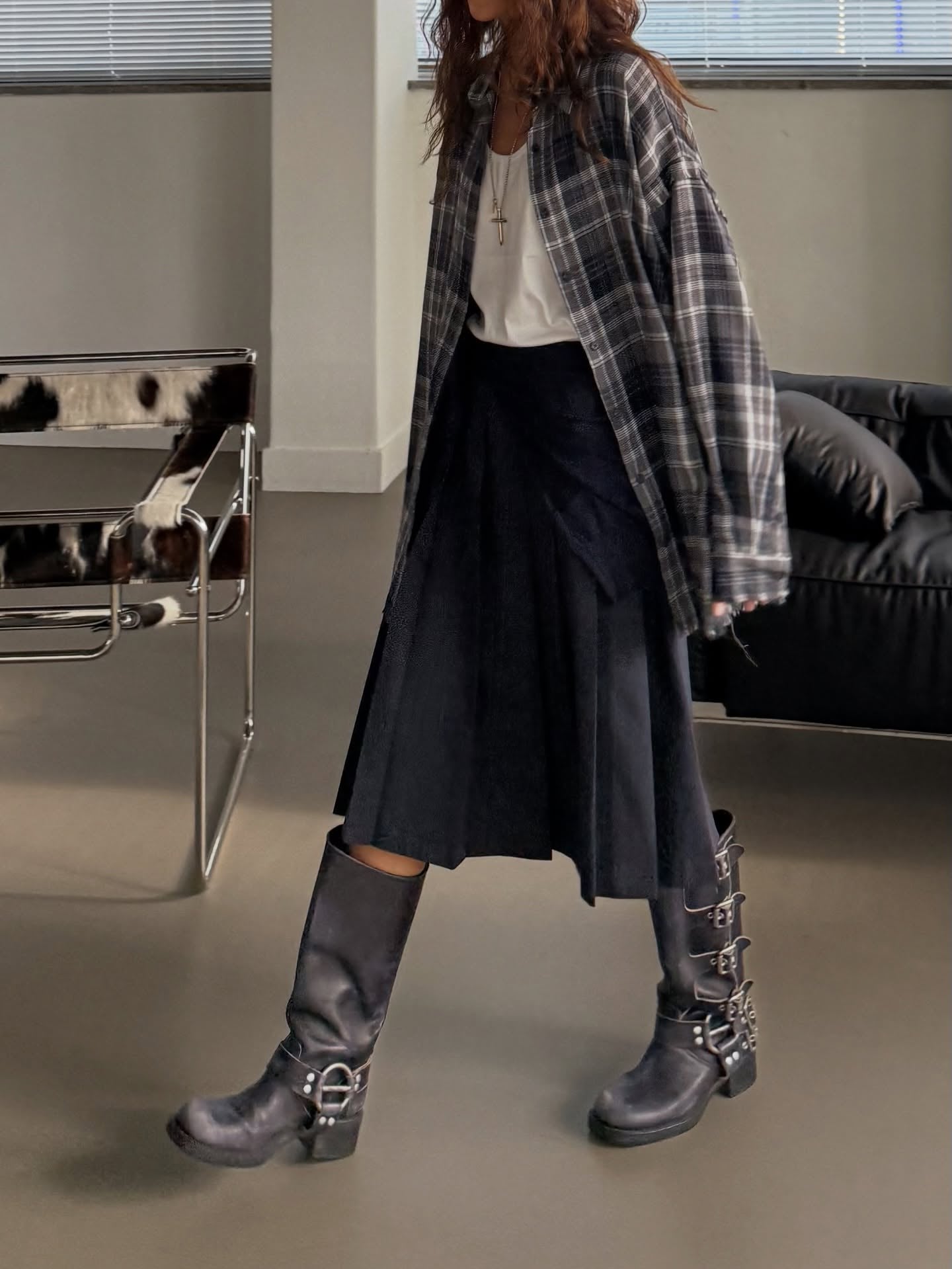 流蘇格紋寬鬆襯衫