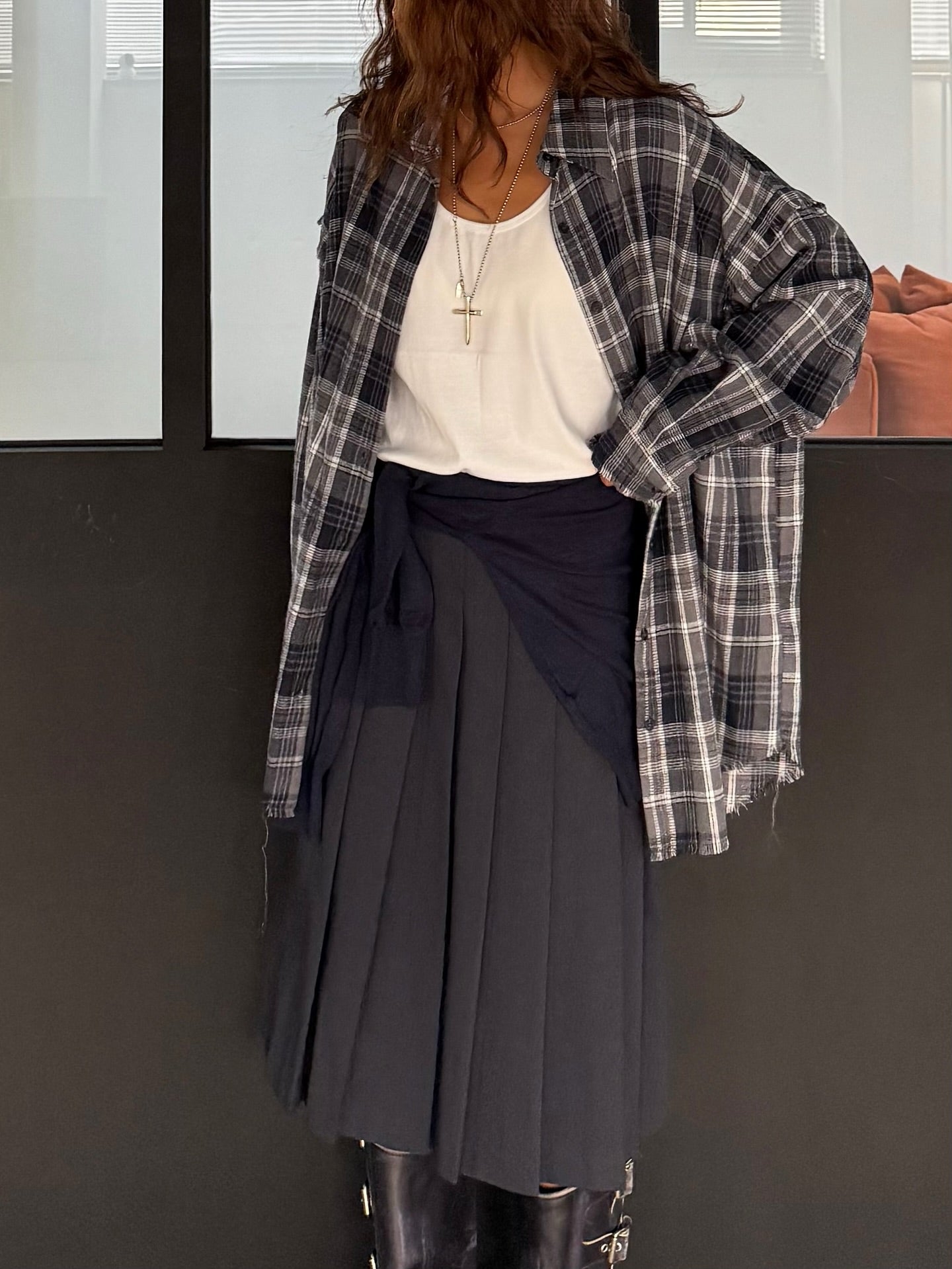 流蘇格紋寬鬆襯衫