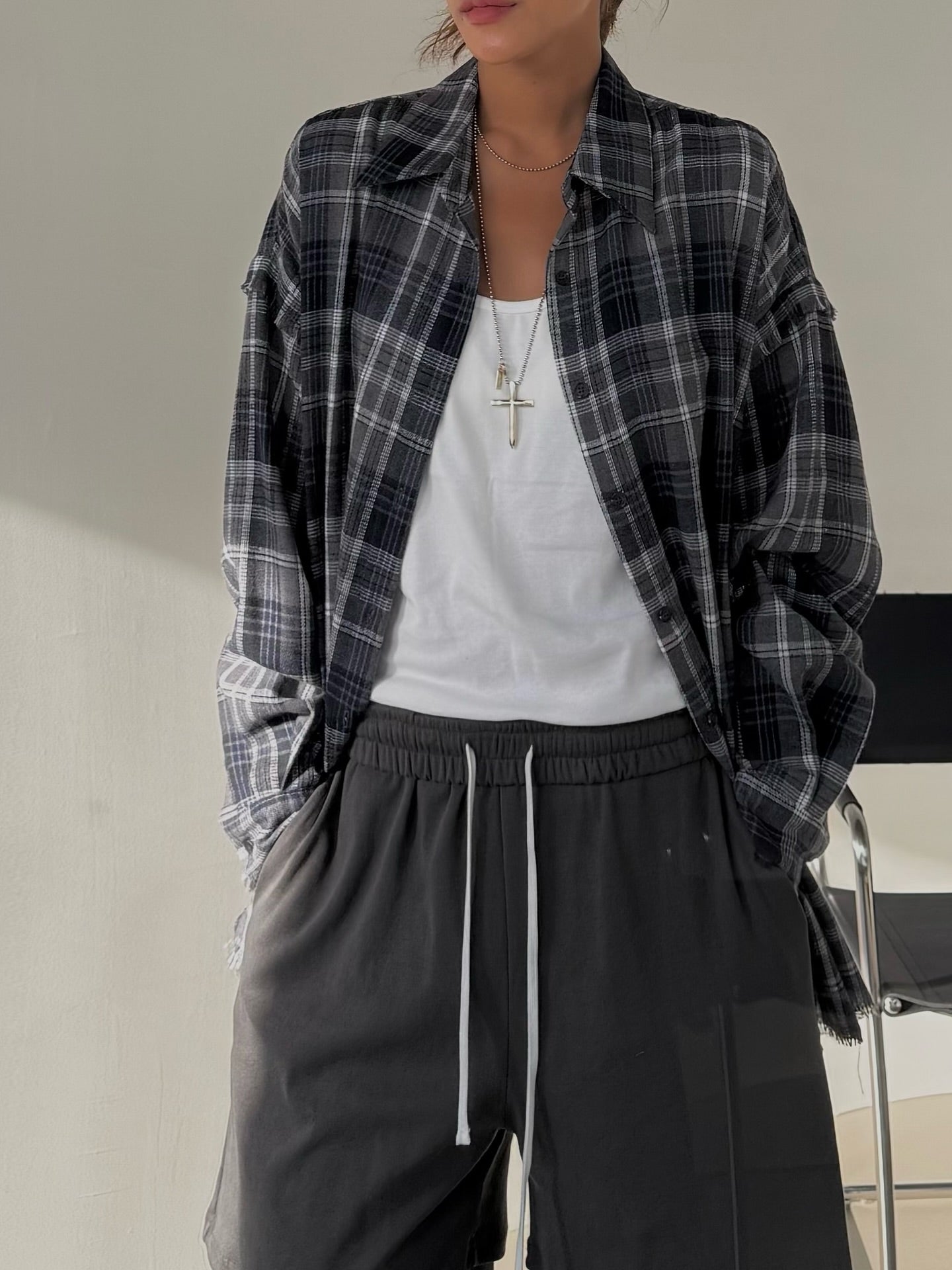 鬆緊腰抽繩假兩件雙層休閒褲