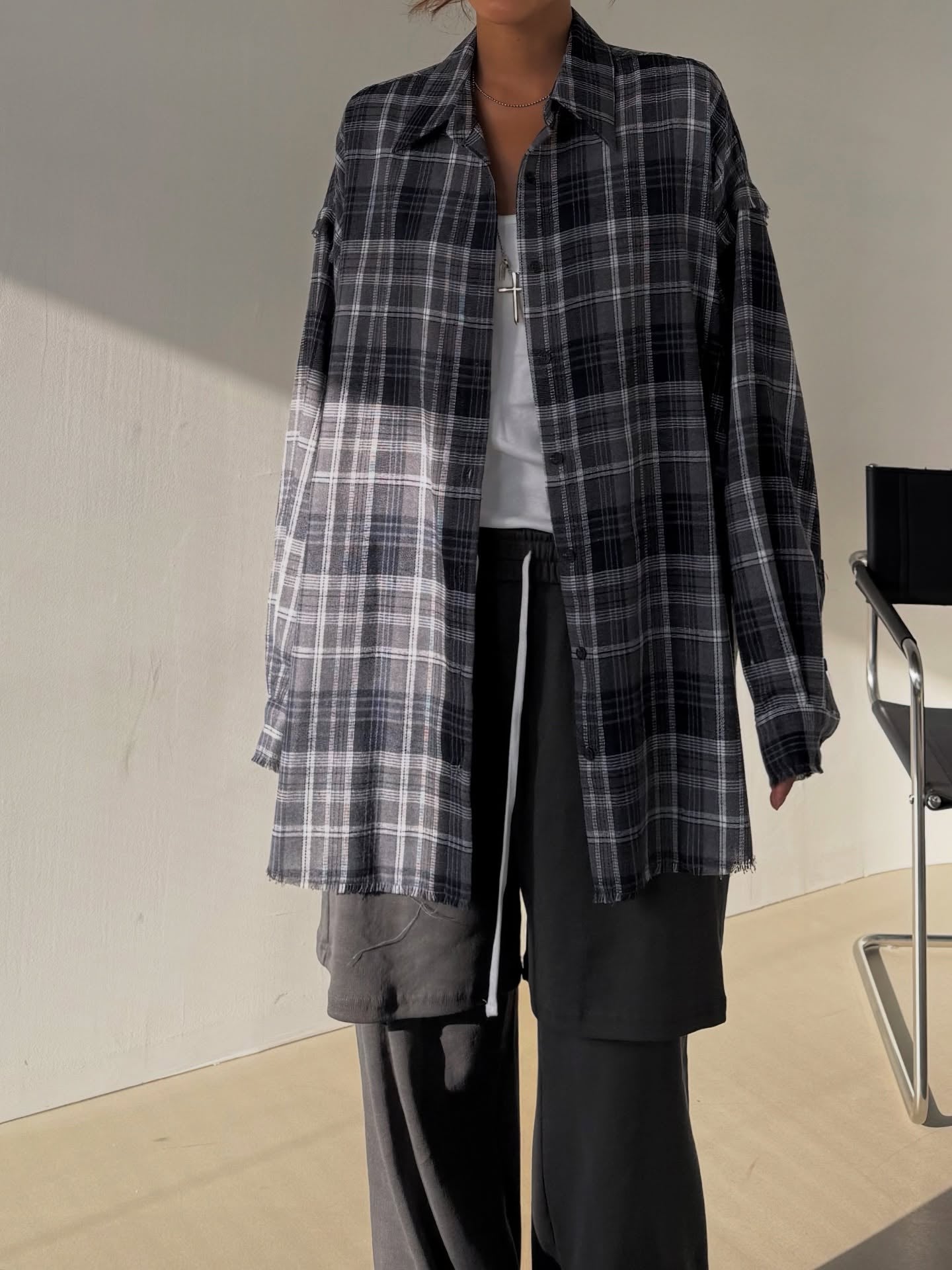 流蘇格紋寬鬆襯衫