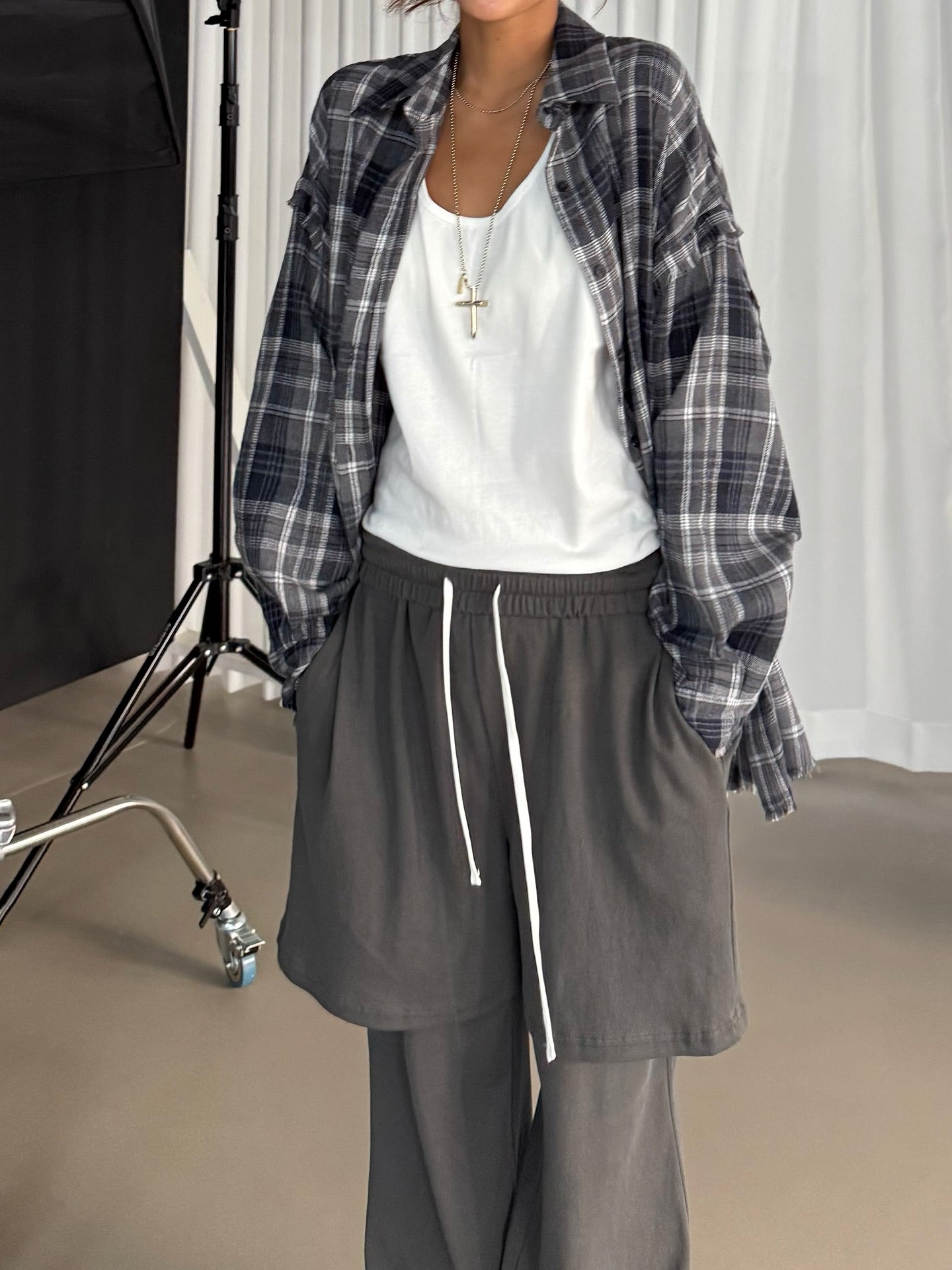 流蘇格紋寬鬆襯衫