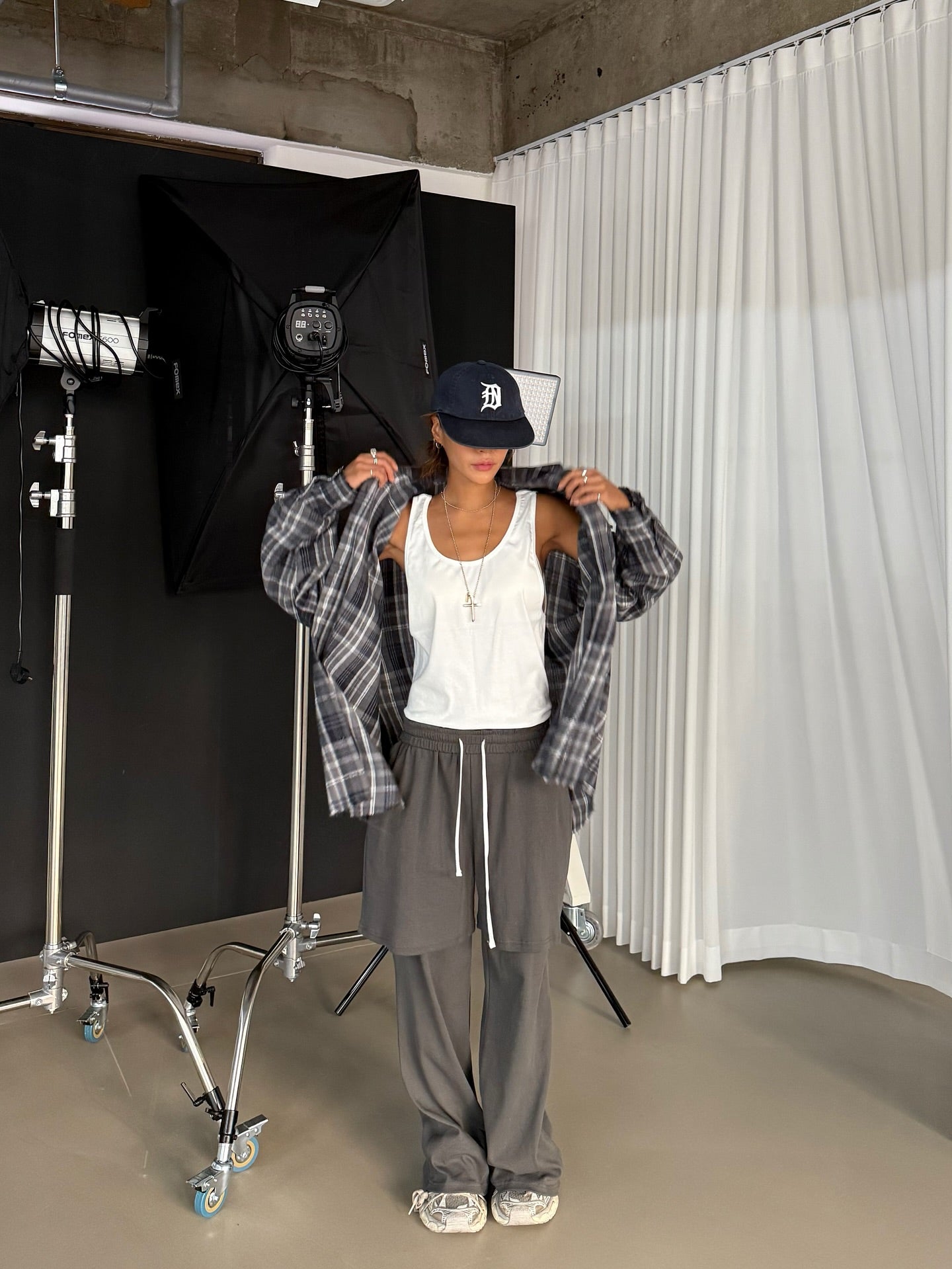 鬆緊腰抽繩假兩件雙層休閒褲