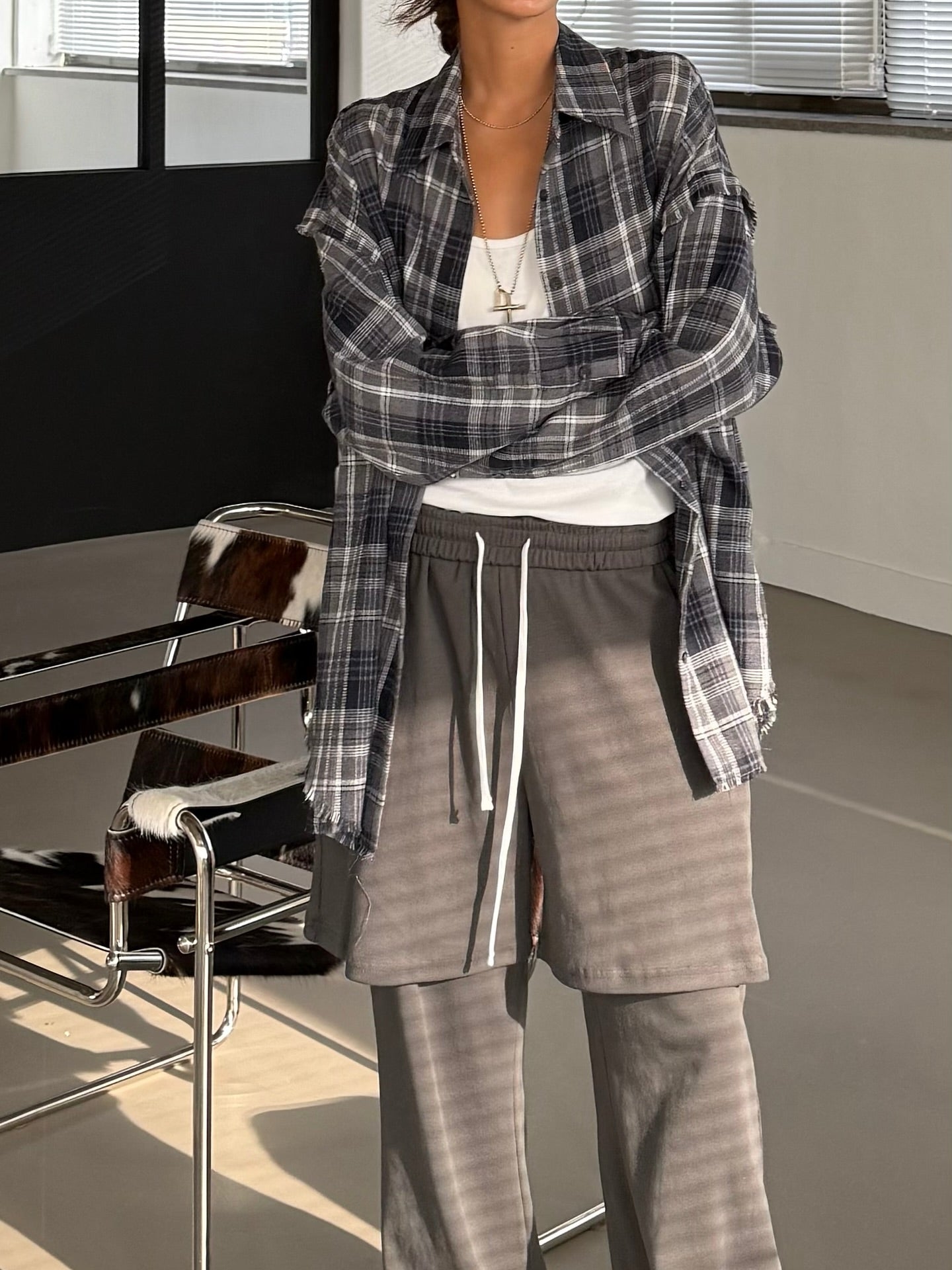 流蘇格紋寬鬆襯衫